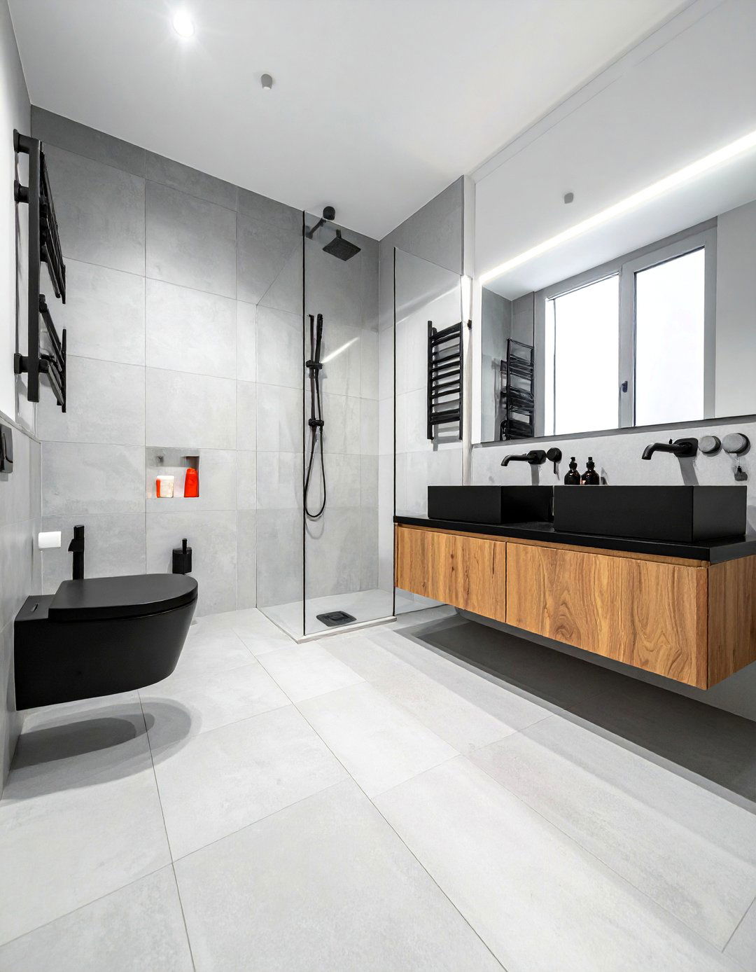 Gray Floor Bathroom with Matte Black Fixtures - 25 Gray Floor Bathroom Ideas for a Modern and Sleek Look