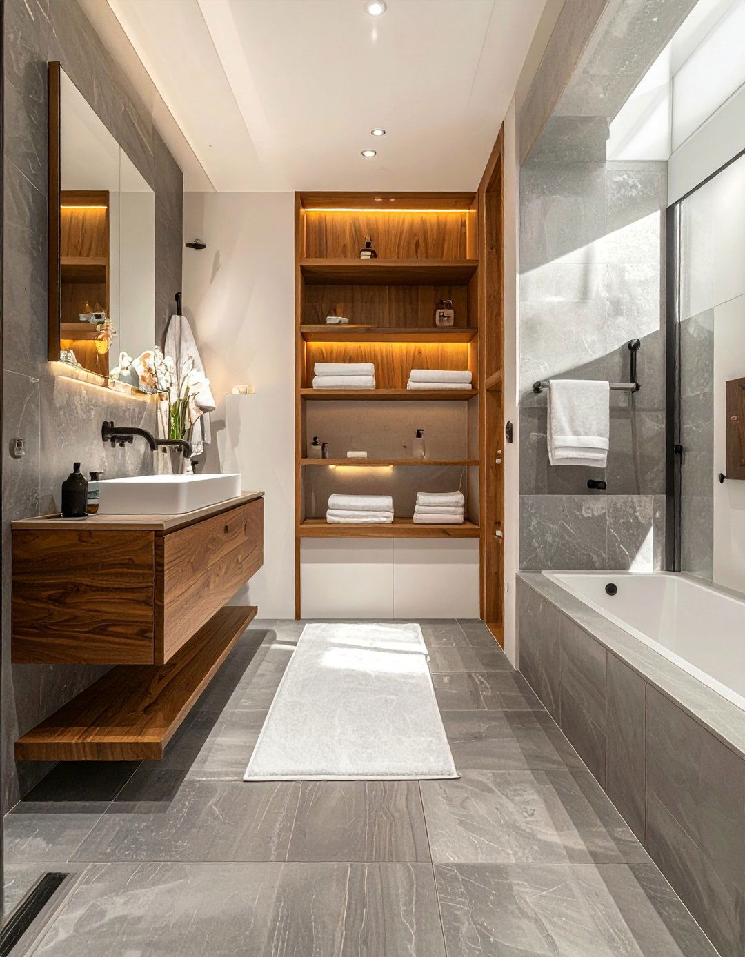 Gray Floor Bathroom with Natural Wood Accents - 25 Gray Floor Bathroom Ideas for a Modern and Sleek Look