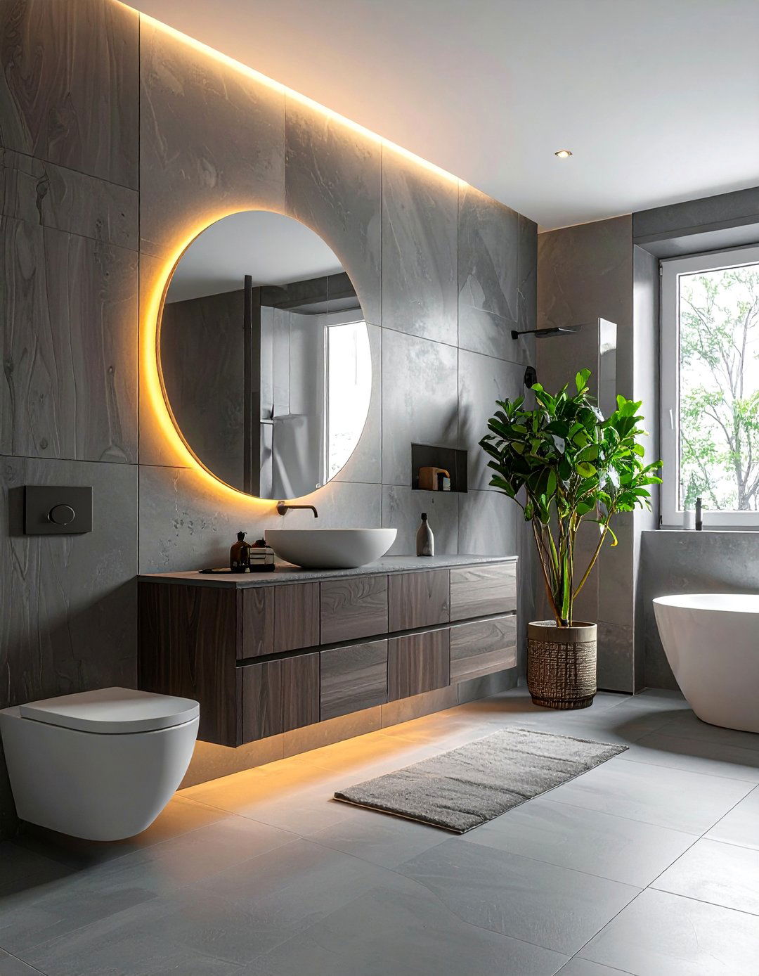 Gray Floor Bathroom with a Backlit Mirror - 25 Gray Floor Bathroom Ideas for a Modern and Sleek Look