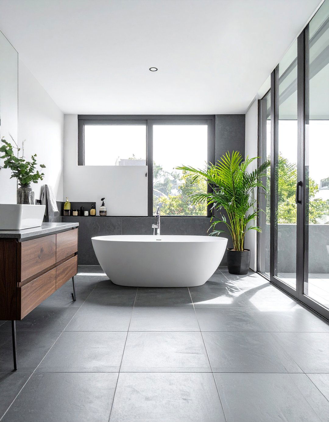 Gray Floor Bathroom with a Freestanding Tub - 25 Gray Floor Bathroom Ideas for a Modern and Sleek Look