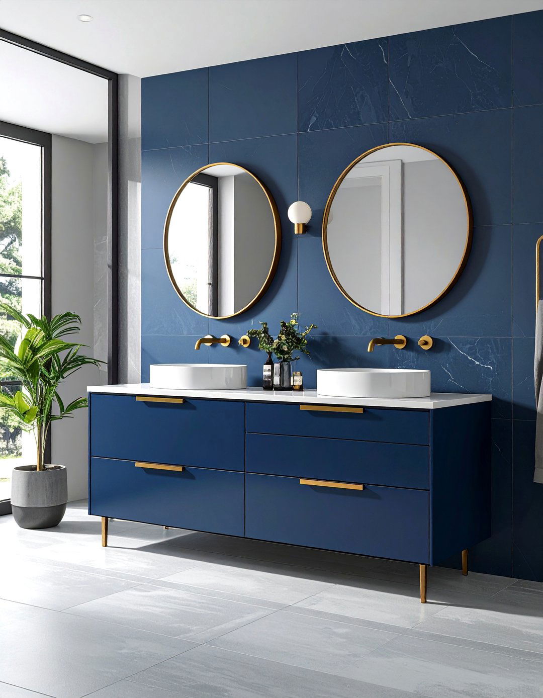 Gray Floor Bathroom with a Navy Blue Vanity - 25 Gray Floor Bathroom Ideas for a Modern and Sleek Look
