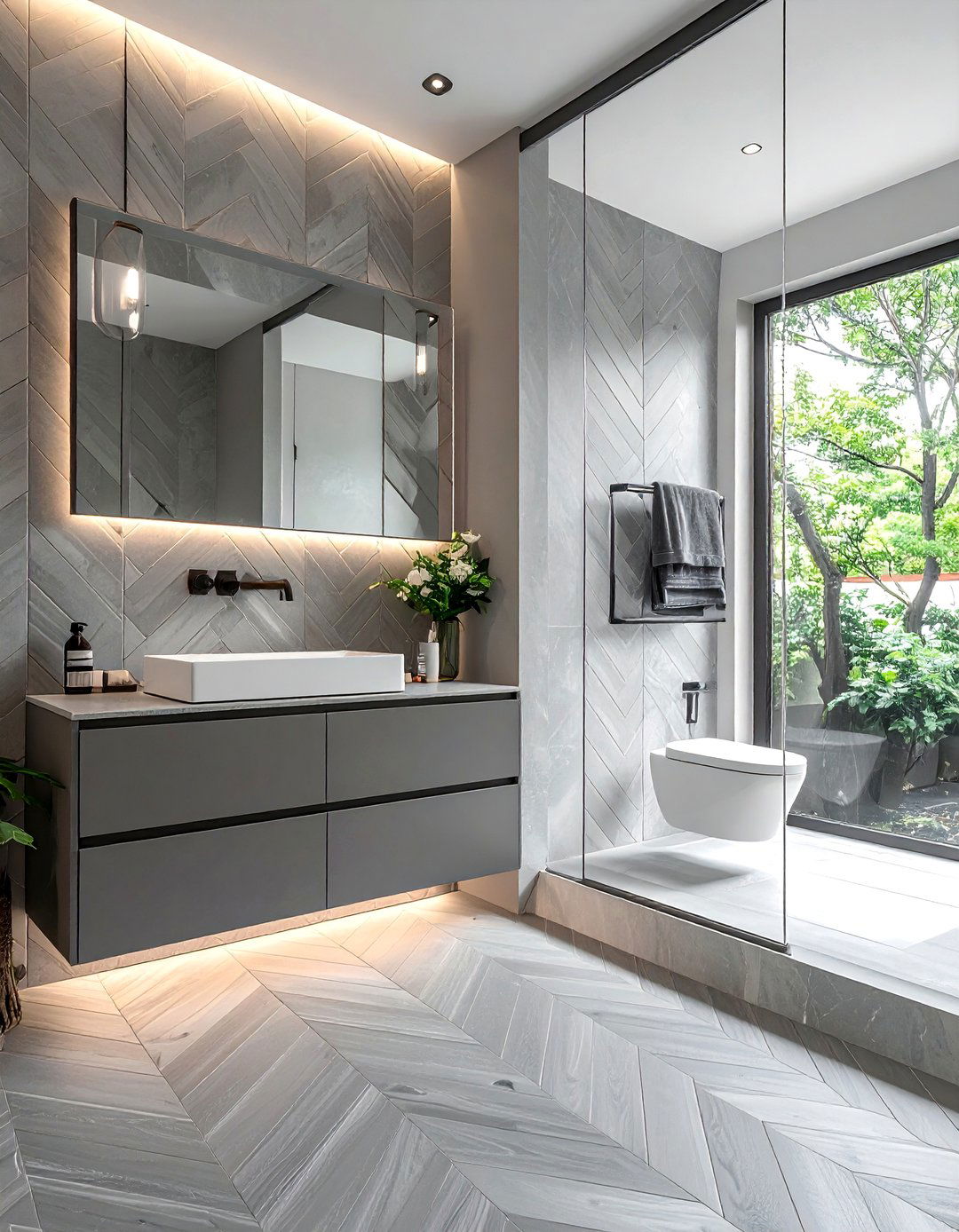Gray Herringbone Pattern Floor Bathroom - 25 Gray Floor Bathroom Ideas for a Modern and Sleek Look