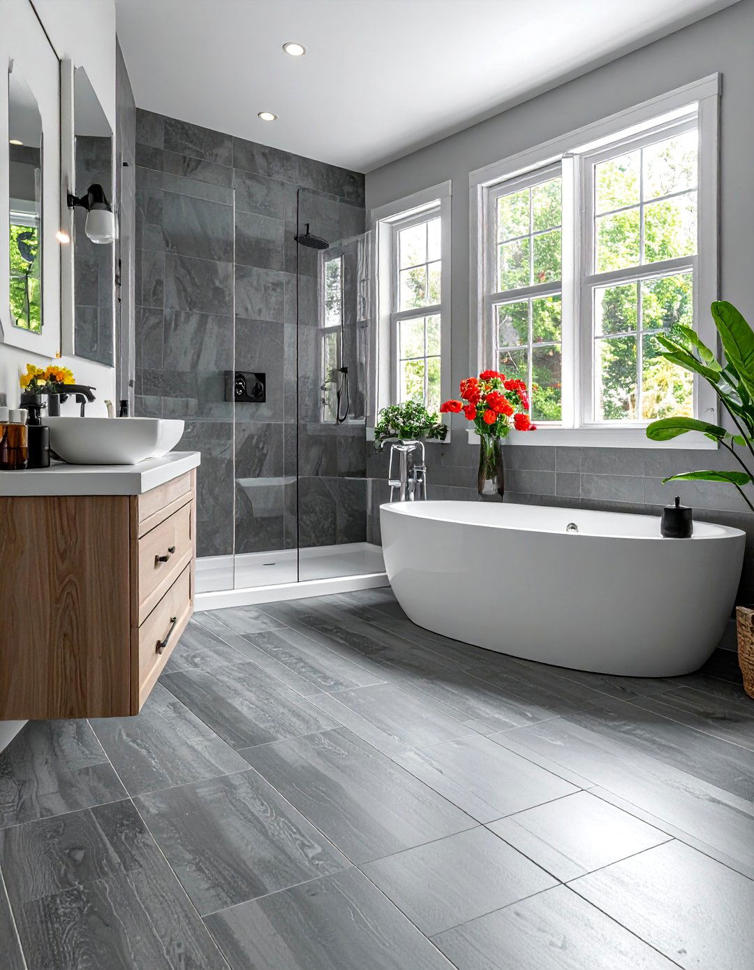 Gray Luxury Vinyl Tile Bathroom - 25 Gray Floor Bathroom Ideas for a Modern and Sleek Look