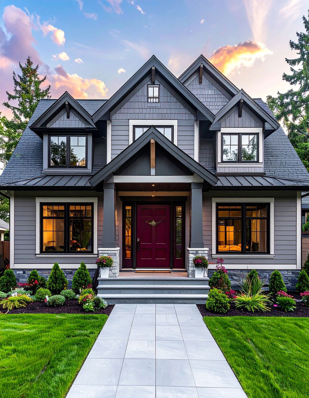 Gray Paint with a Burgundy Front Door - 40 Gray Exterior House Paint Ideas for Modern Homes
