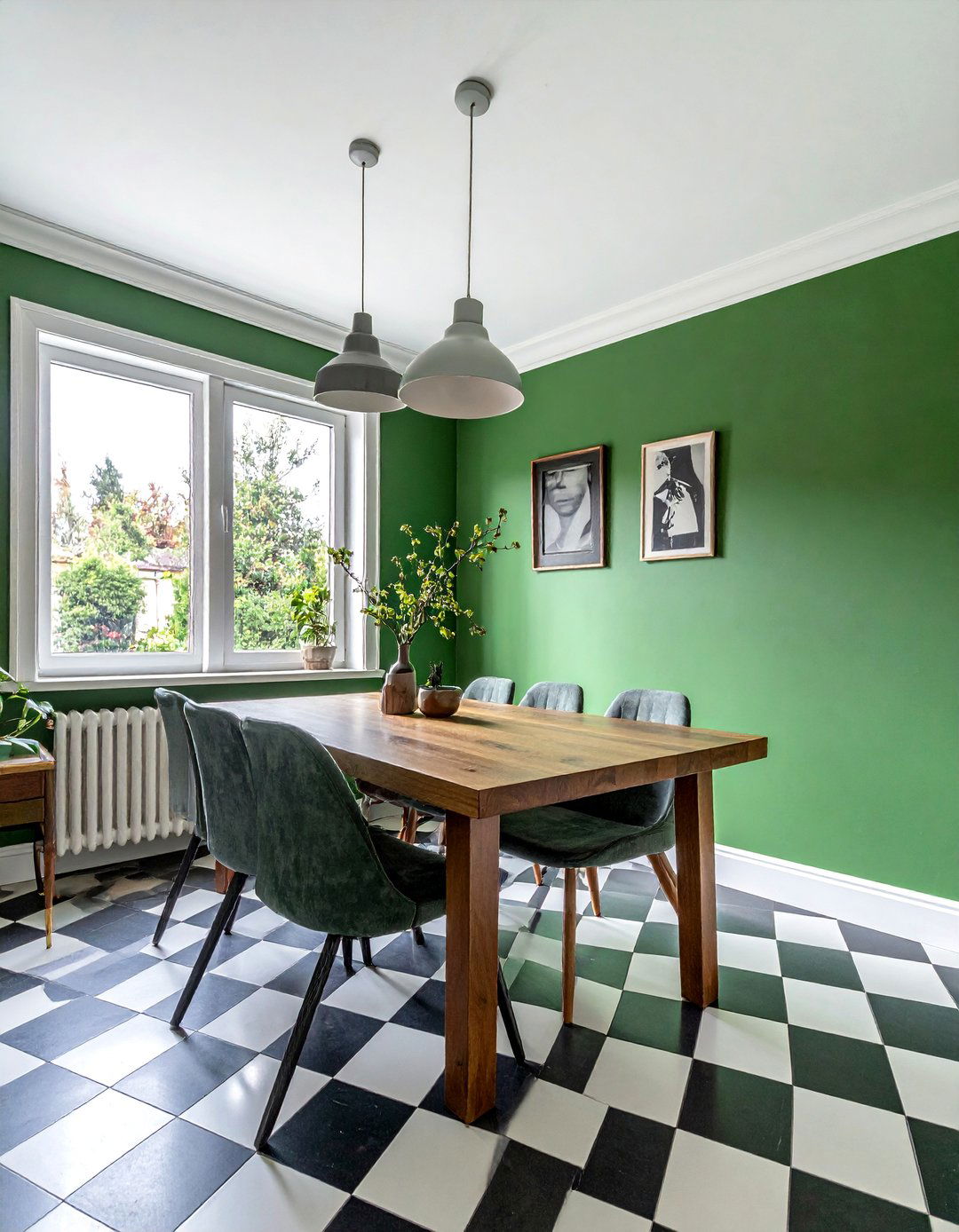 Green Dining Room with Checkered Flooring - 40 Green Dining Room Ideas for a Fresh Look