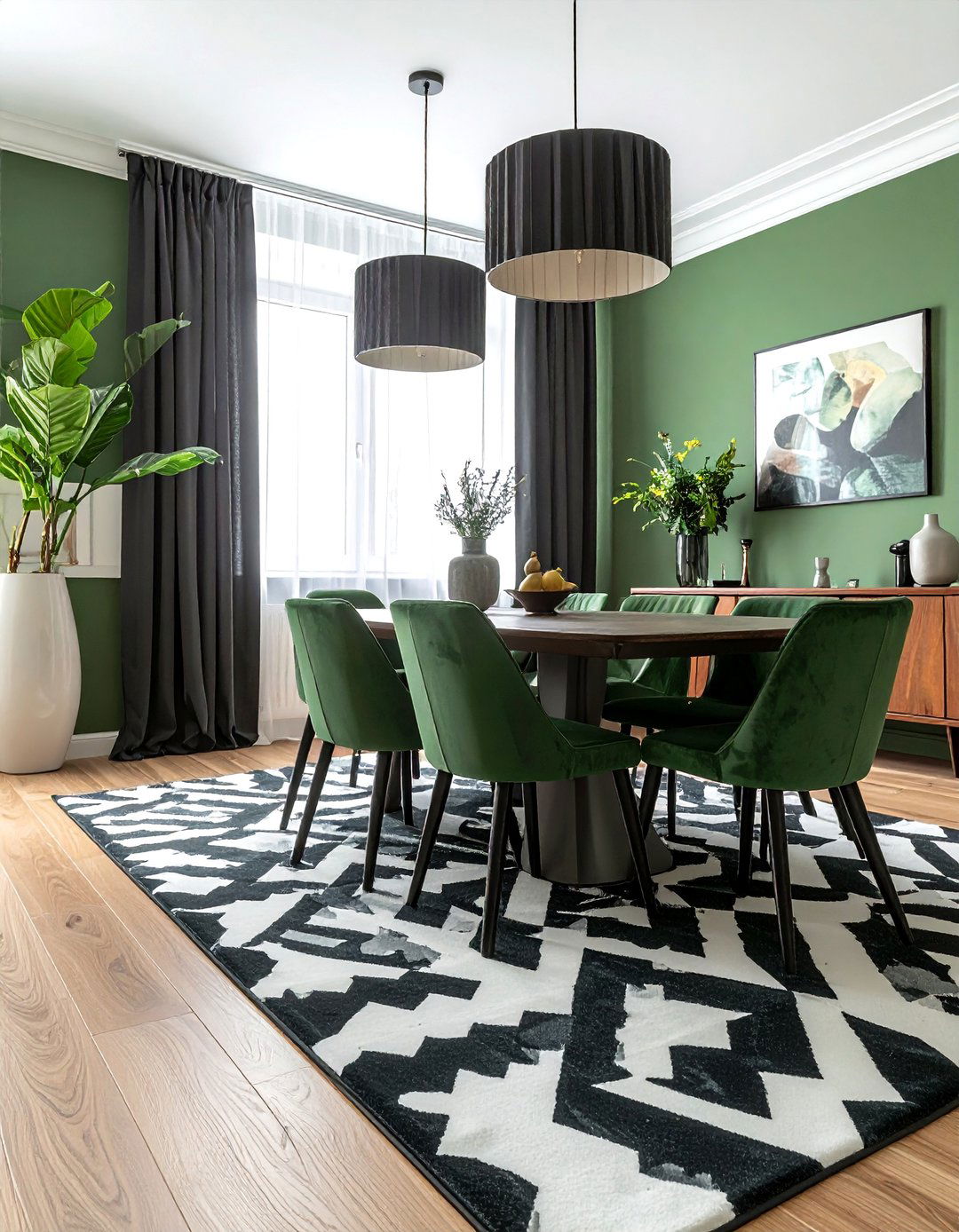 Green Dining Room with Geometric Patterned Rug - 40 Green Dining Room Ideas for a Fresh Look