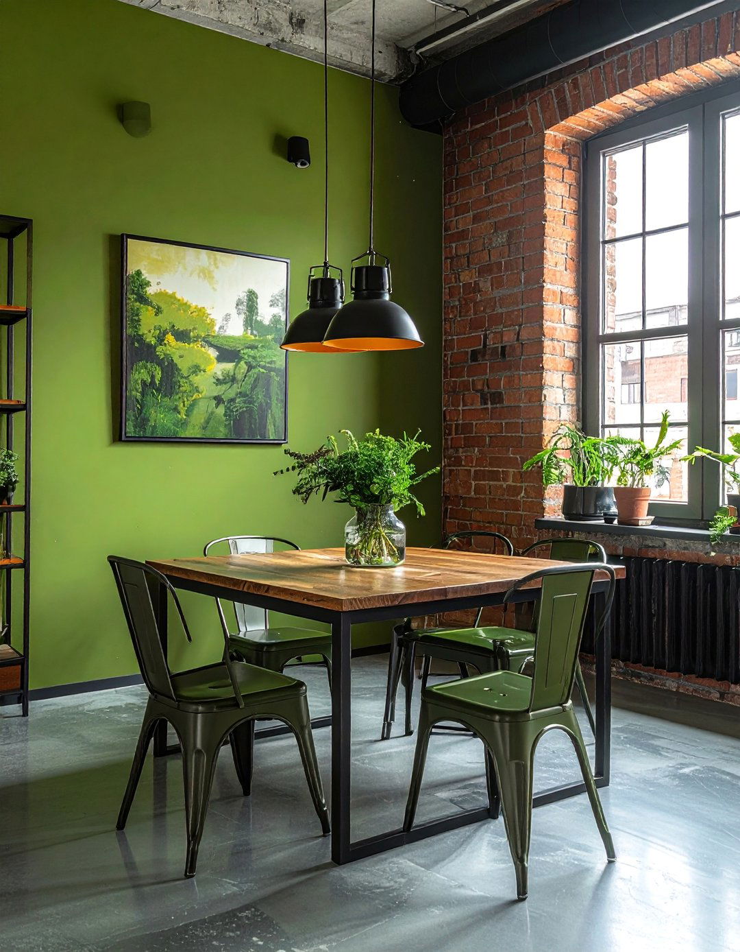 Green Dining Room with Industrial Style Exposed Brick - 40 Green Dining Room Ideas for a Fresh Look