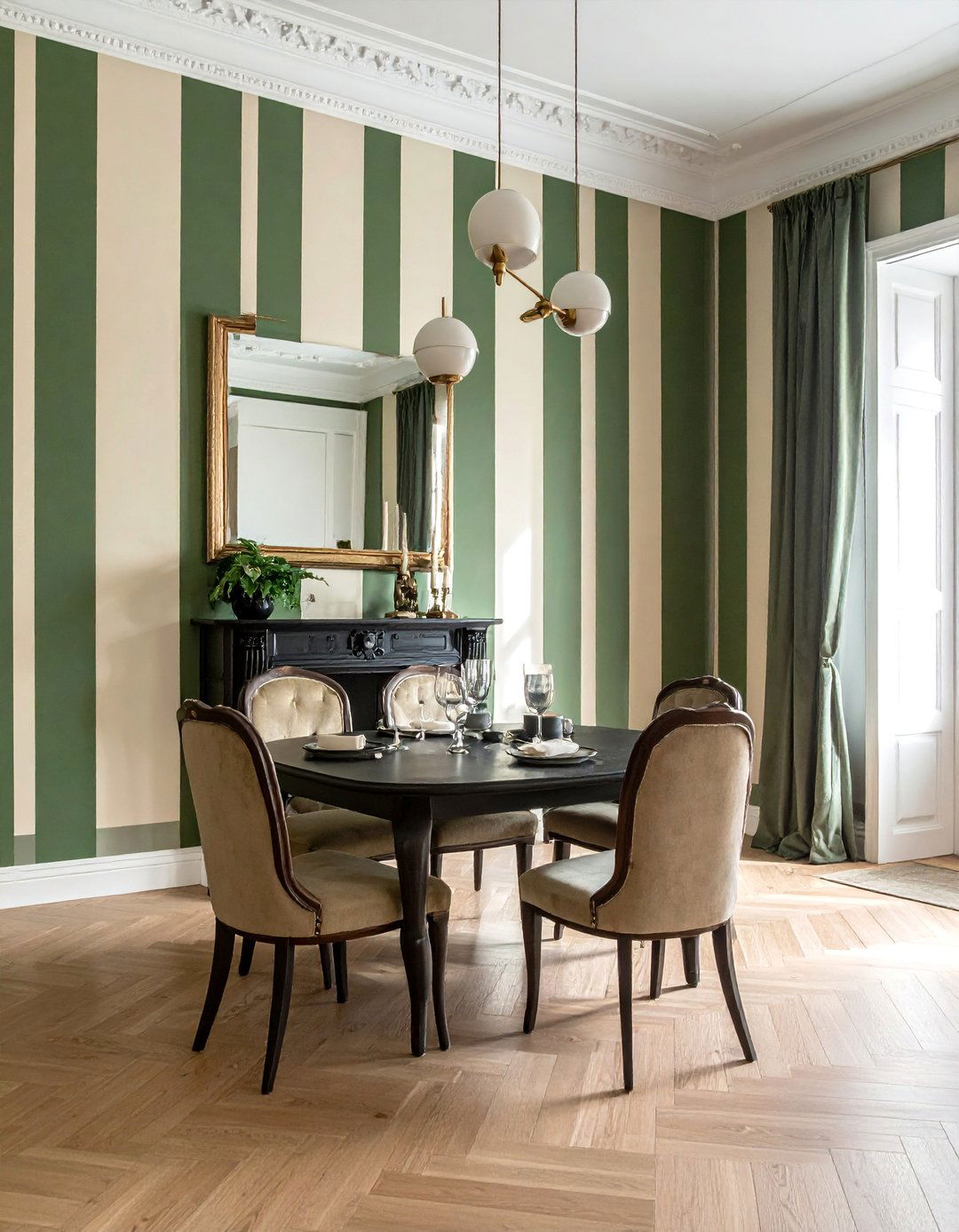 Green Dining Room with Striped Wall Treatment - 40 Green Dining Room Ideas for a Fresh Look