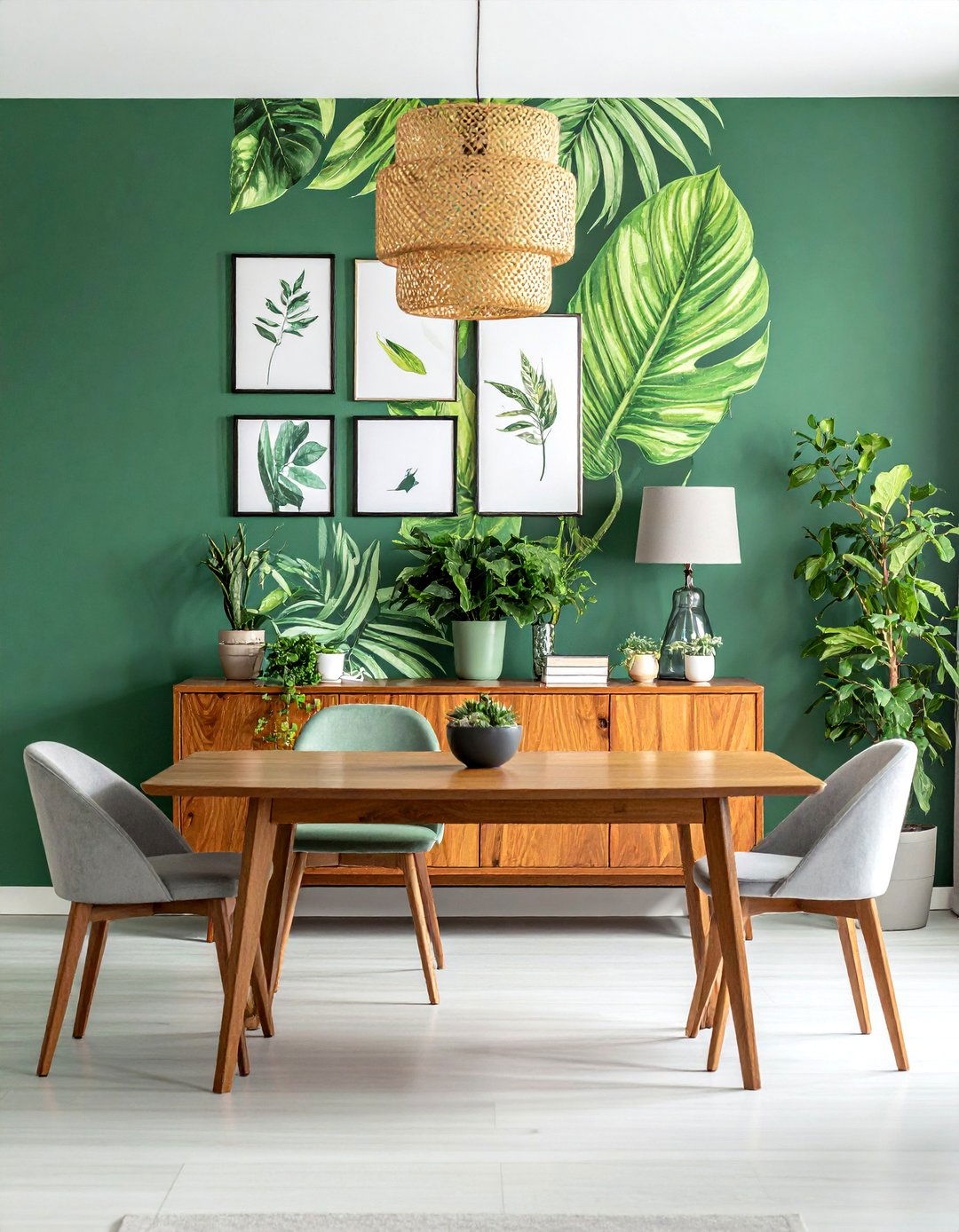 Green Dining Room with a Botanical Wallpaper Accent Wall - 40 Green Dining Room Ideas for a Fresh Look