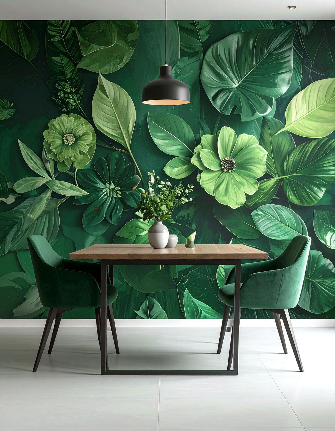 Green Dining Room with a Large Scale Floral Mural - 40 Green Dining Room Ideas for a Fresh Look