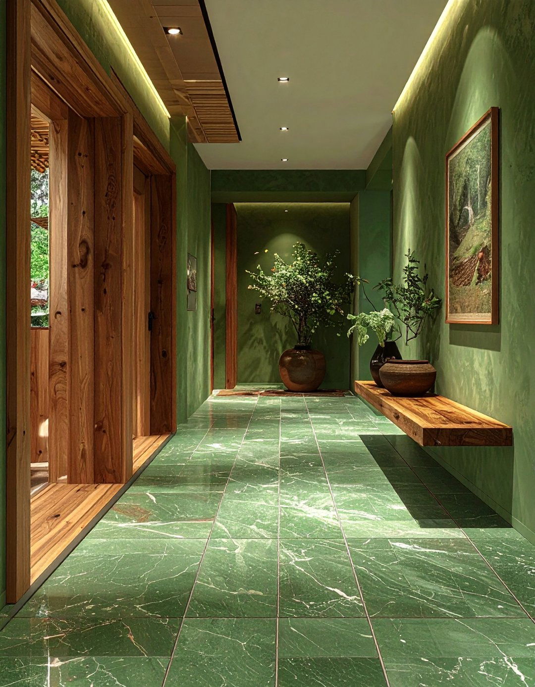 Green Hallway with Natural Stone Flooring - 20 Green Hallway Ideas for a Fresh and Inviting Space