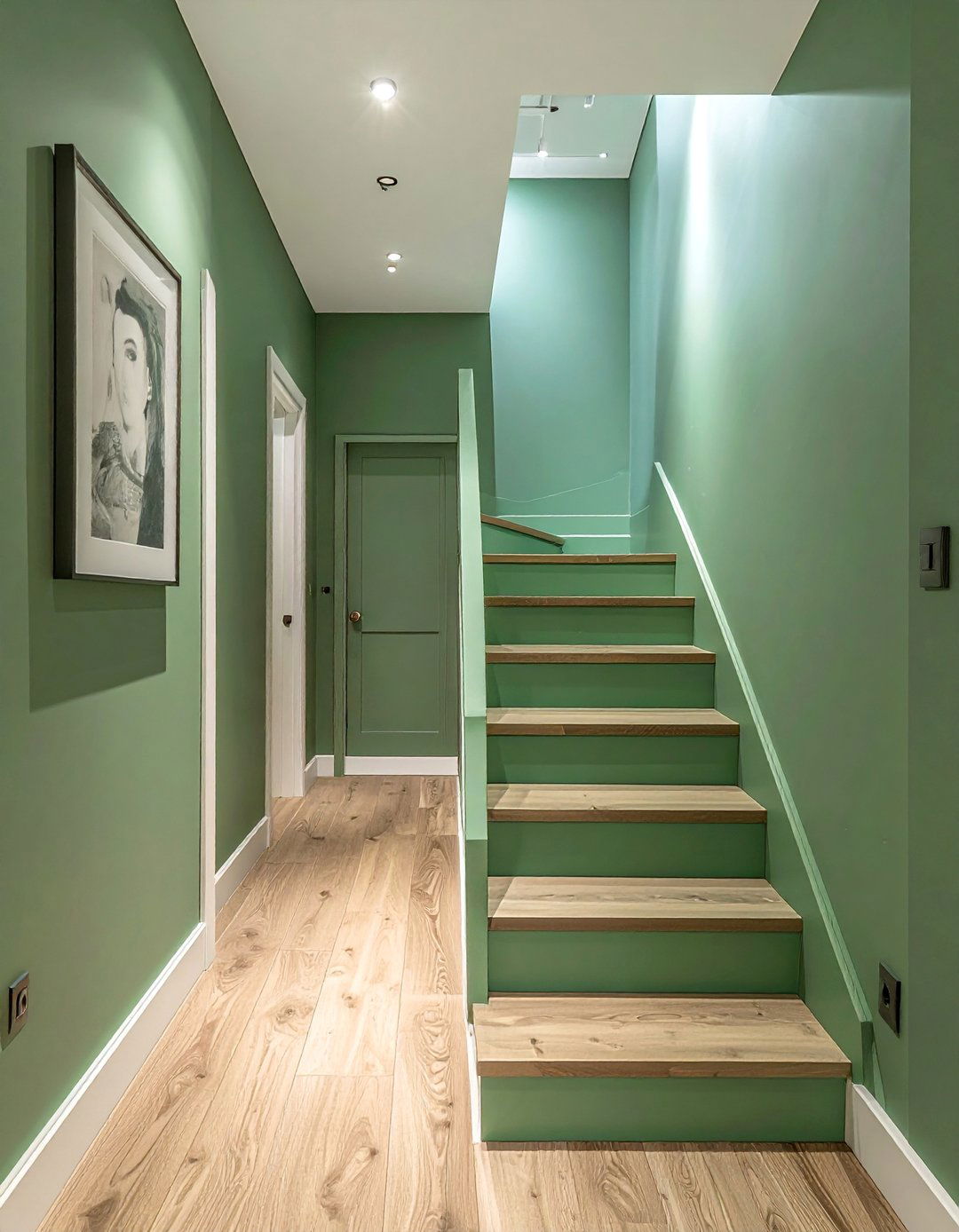 Green Hallway with Painted Stairs - 20 Green Hallway Ideas for a Fresh and Inviting Space