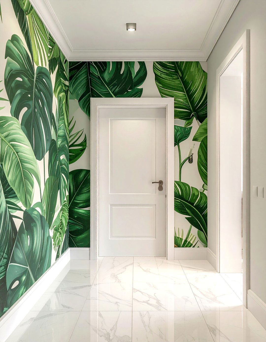 Green Hallway with a Botanical Wallpaper Accent Wall - 20 Green Hallway Ideas for a Fresh and Inviting Space