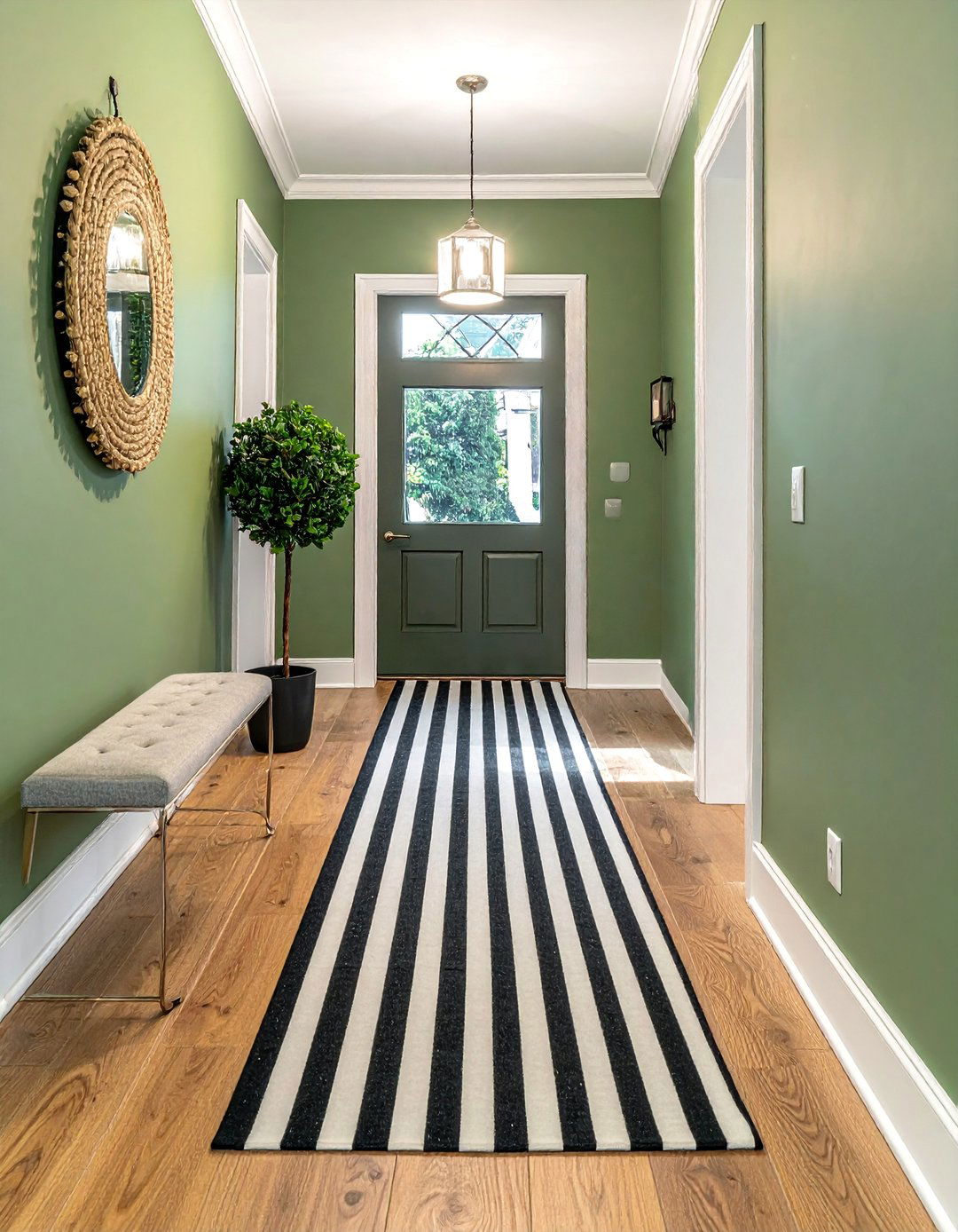 Green Hallway with a Striped Runner - 20 Green Hallway Ideas for a Fresh and Inviting Space
