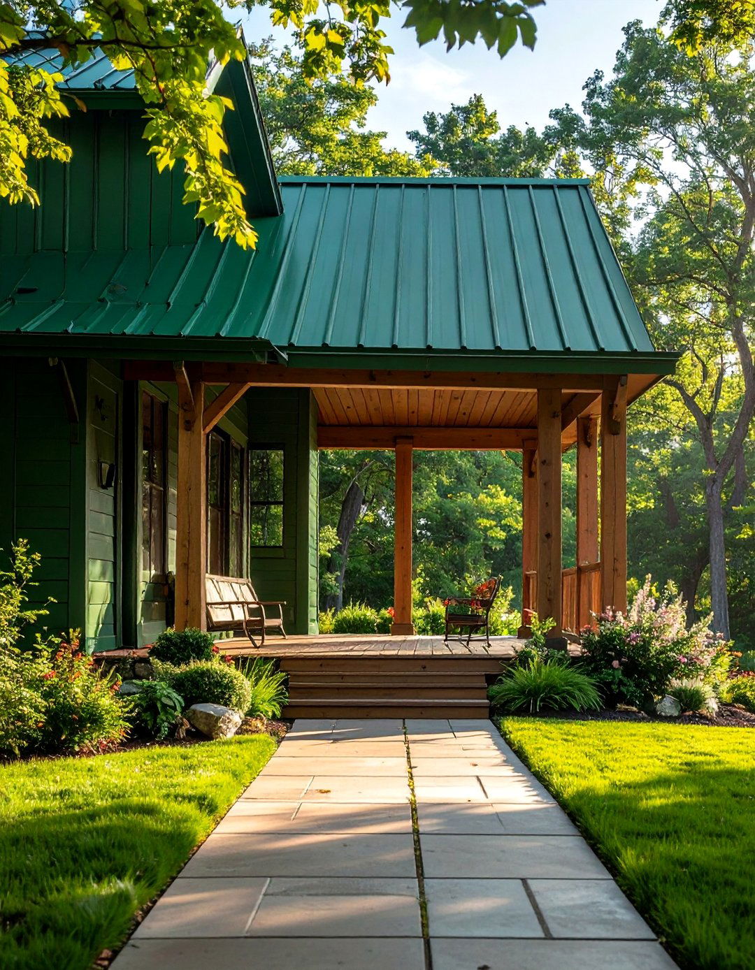 Green Metal Roof Countryside Porch - 30 Metal Roof Porch Design Ideas for Durability