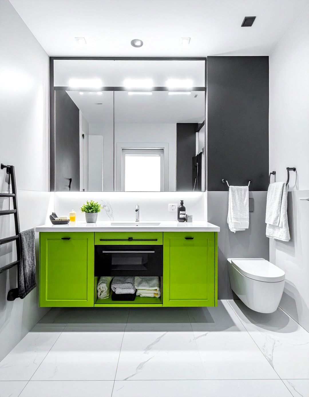 Green Painted Vanity in a Black Bathroom - 15 Stunning Black and Green Bathroom Design Ideas