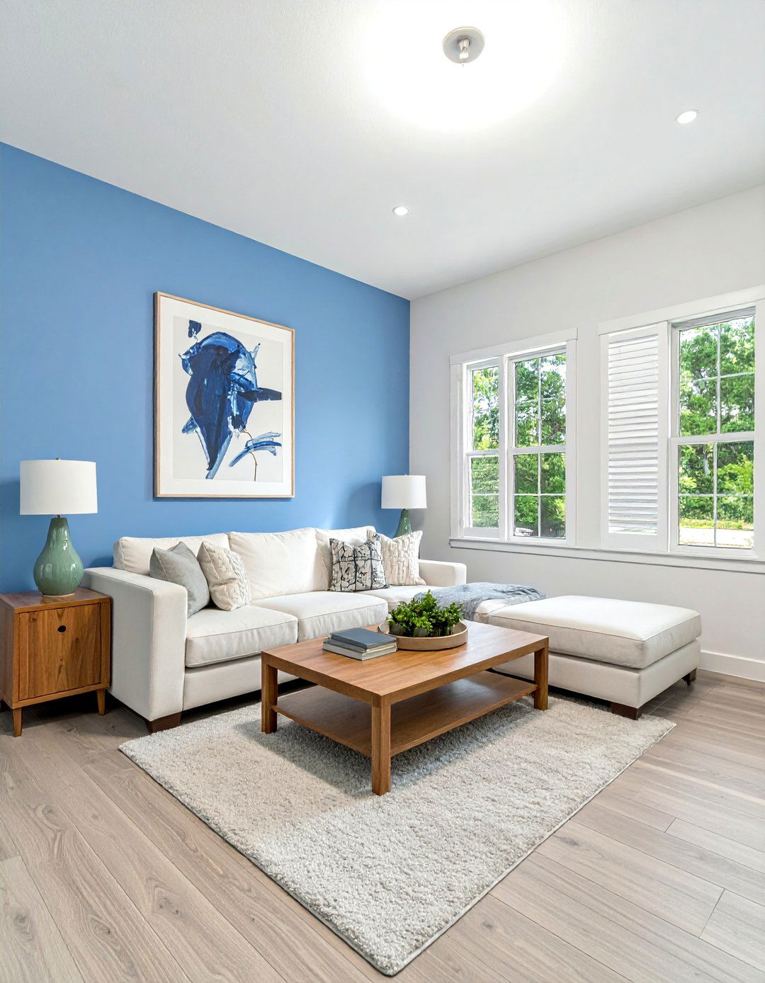 Greige Vinyl Flooring with Cornflower Blue Walls - 20 Grey Floor Living Room With Blue Walls Ideas
