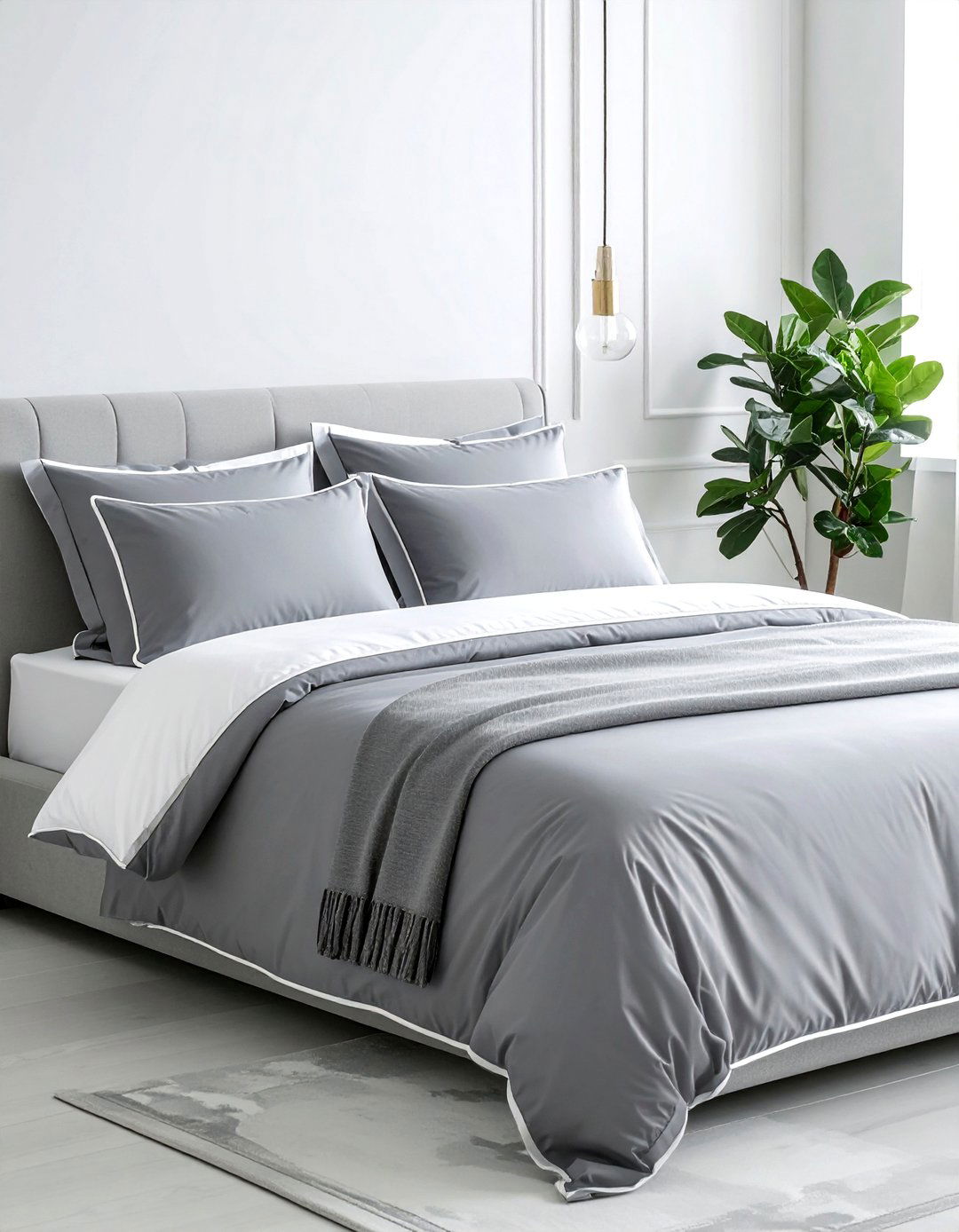 Grey Bedding with White Piping - 40 Grey and White Bedroom Ideas for a Serene Retreat