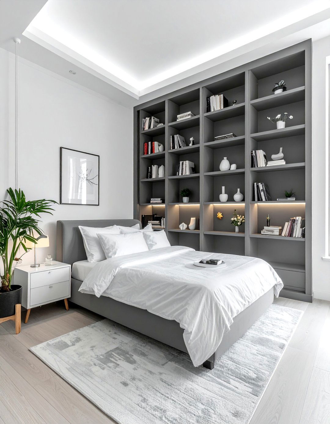 Grey Built In Bookshelves - 40 Grey and White Bedroom Ideas for a Serene Retreat