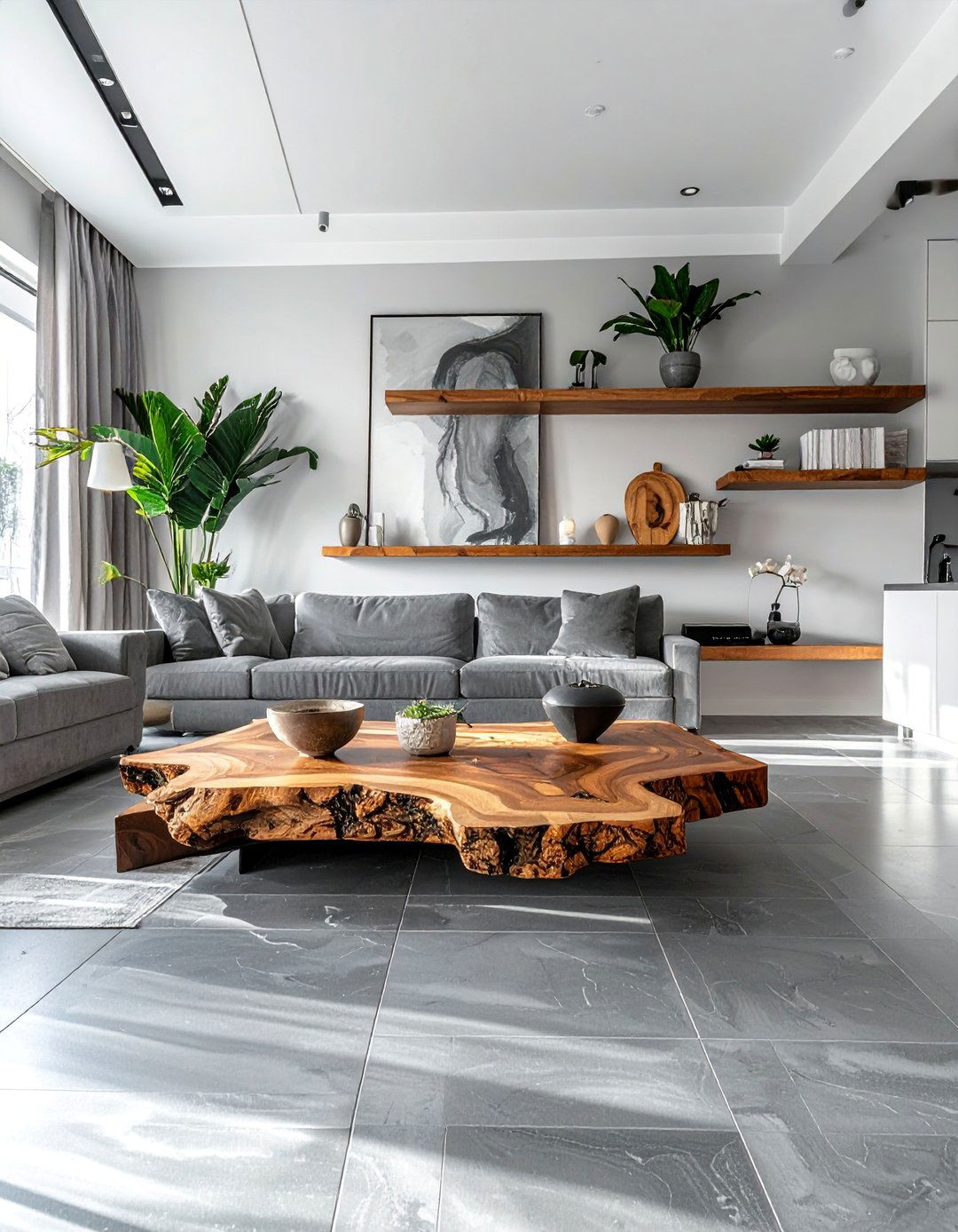 Grey Flooring Paired with Natural Wood Elements - 25 Grey Flooring Living Room Ideas for Modern Homes