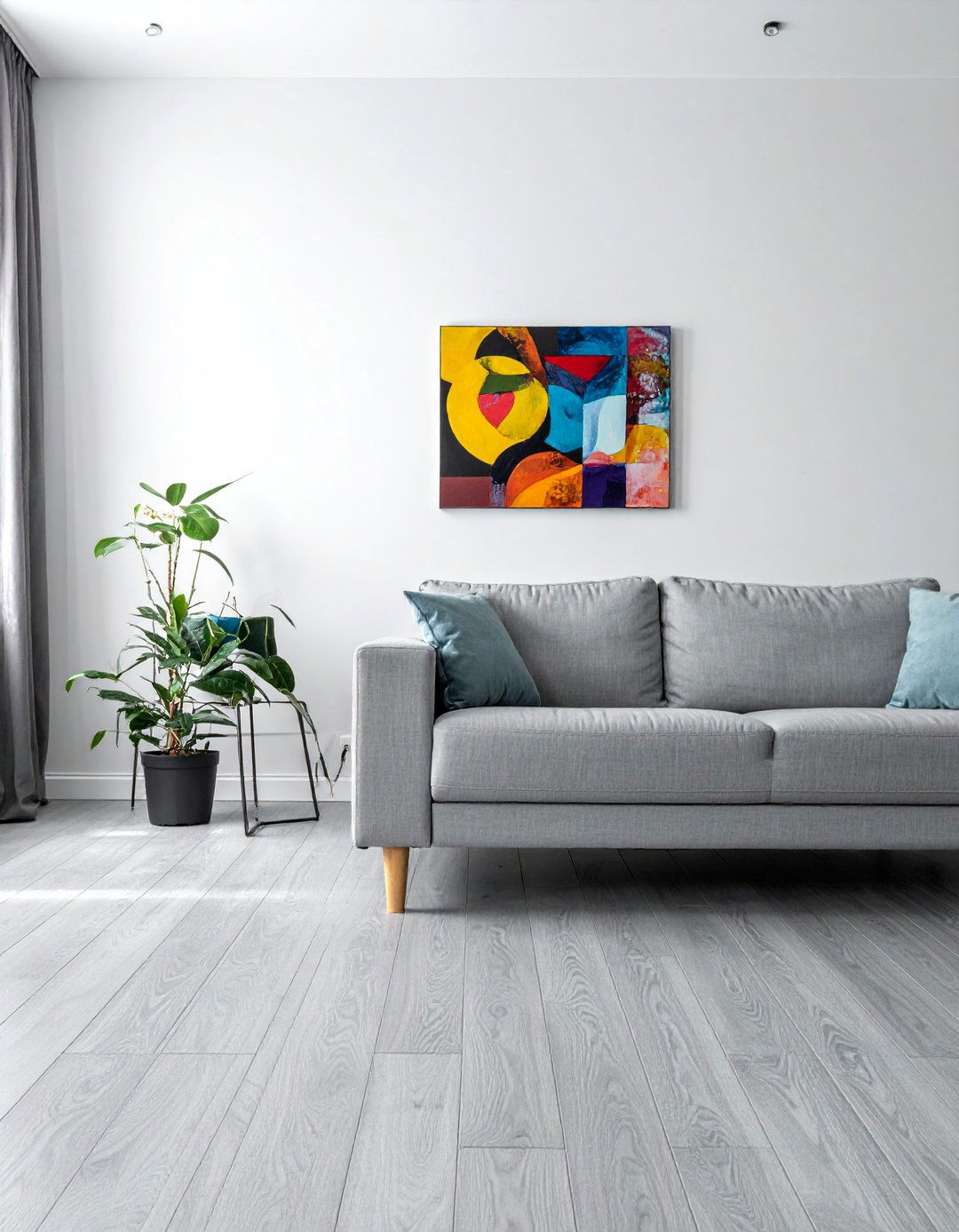 Grey Flooring and Crisp White Walls - 25 Grey Flooring Living Room Ideas for Modern Homes