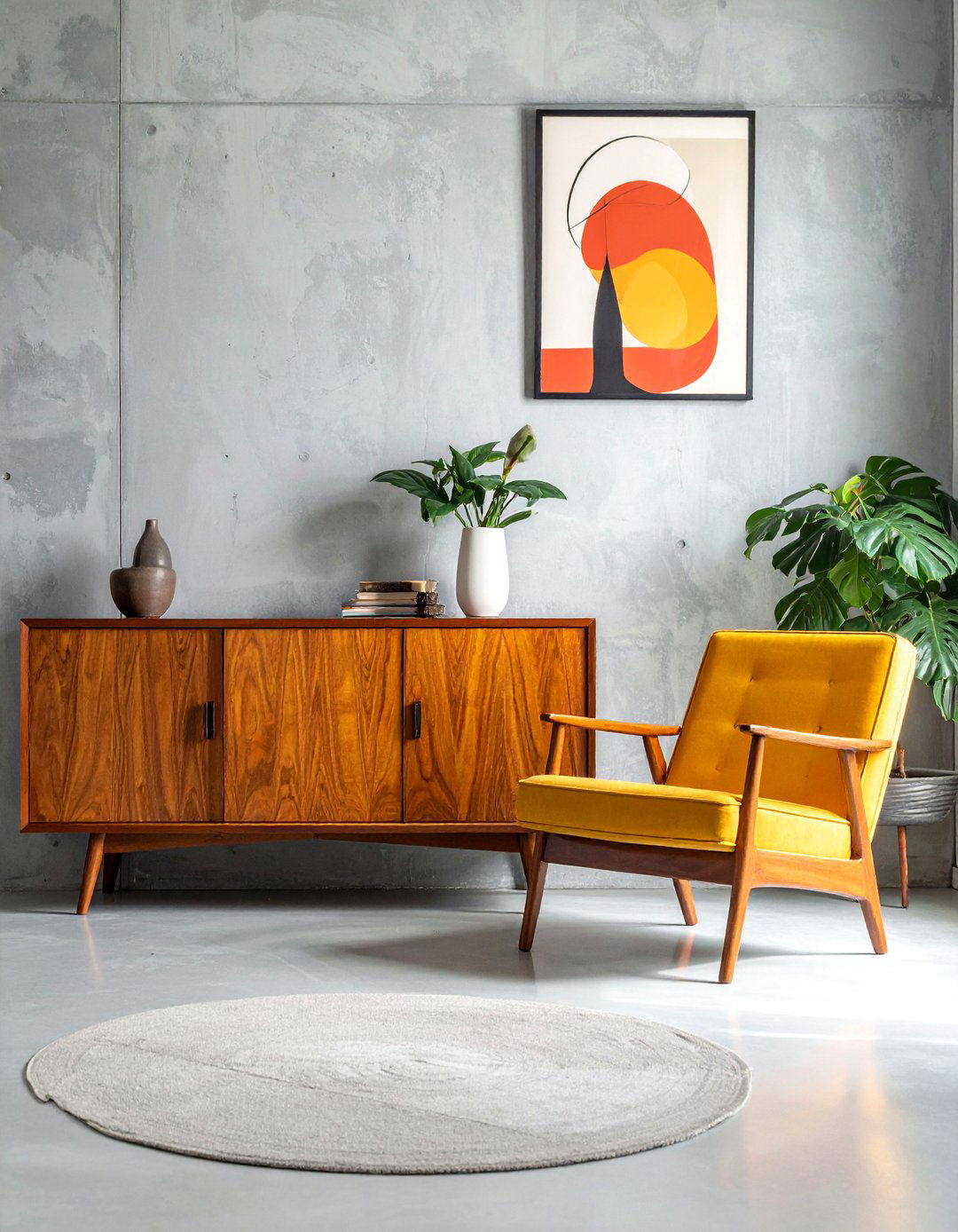 Grey Flooring with Mid Century Modern Furniture - 25 Grey Flooring Living Room Ideas for Modern Homes