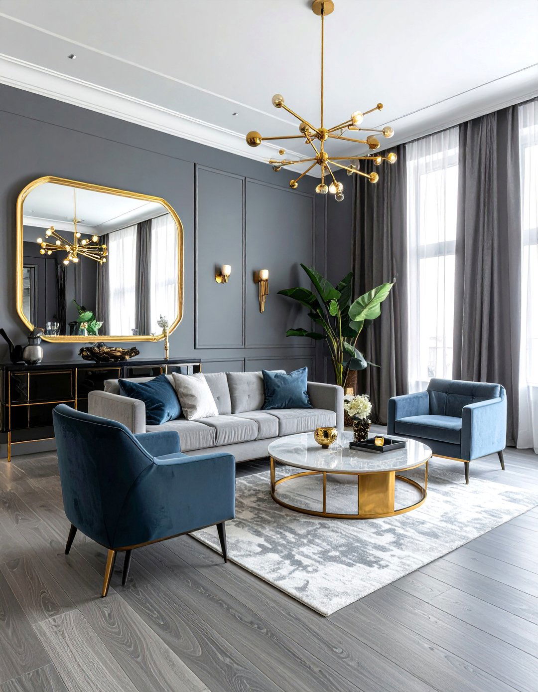 Grey Flooring with Warm Metallic Accents - 25 Grey Flooring Living Room Ideas for Modern Homes