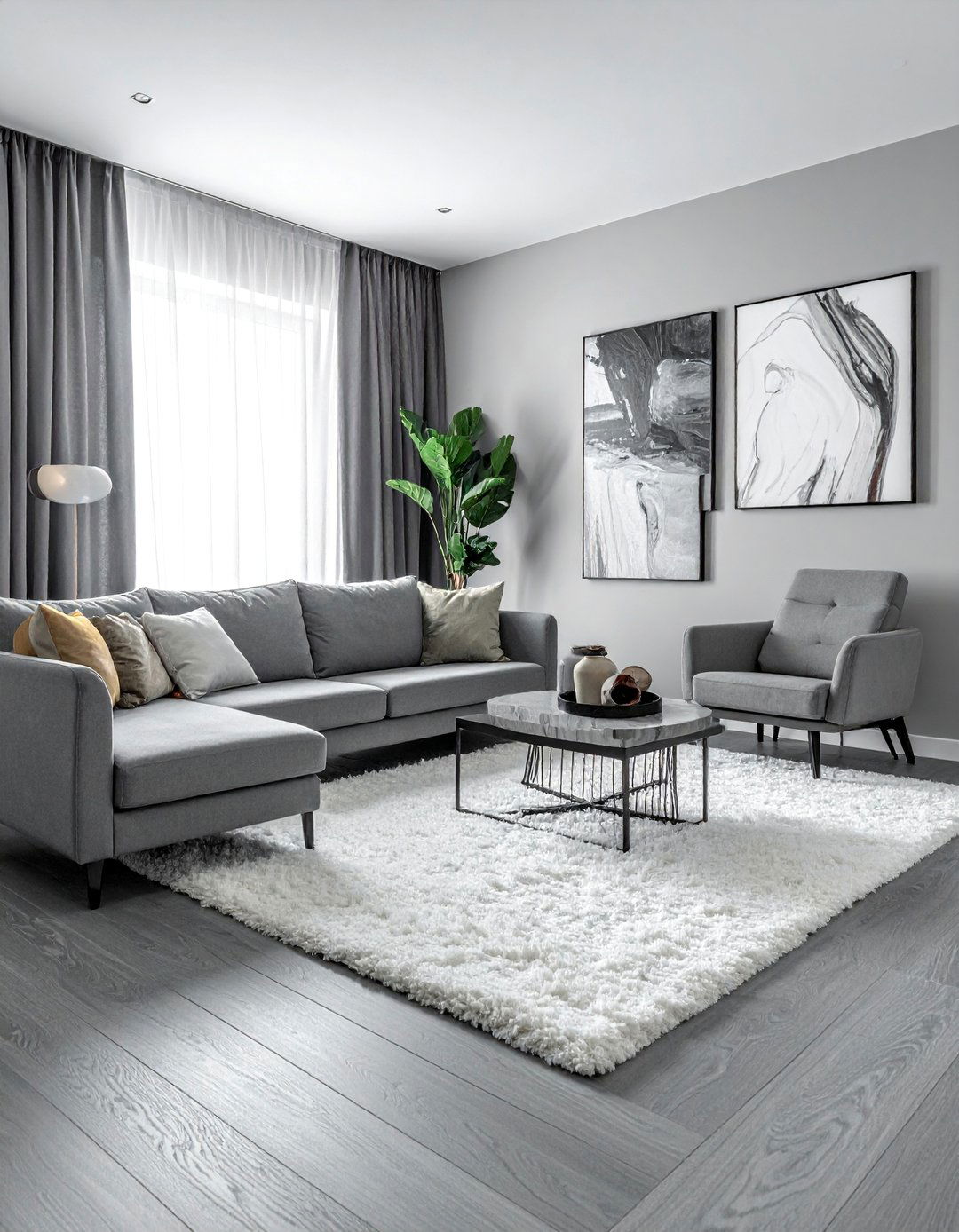 Grey Flooring with a Plush Statement Rug - 25 Grey Flooring Living Room Ideas for Modern Homes