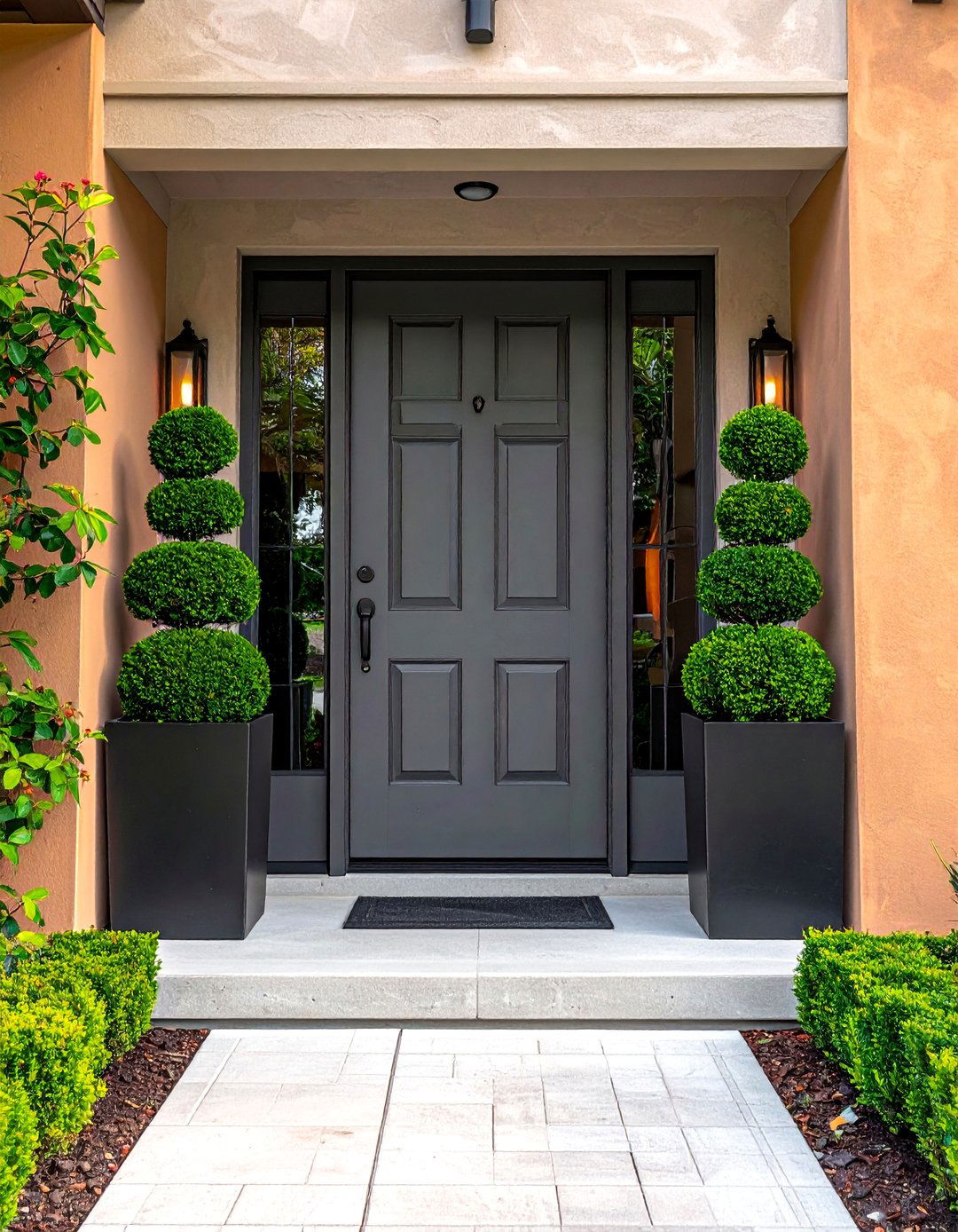 Grey Front Door Flanked by Tall Planters - 25 Grey Front Door Ideas for a Stylish Entrance