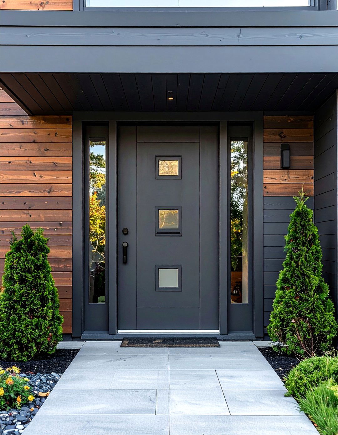 Grey Front Door with Geometric Windows - 25 Grey Front Door Ideas for a Stylish Entrance