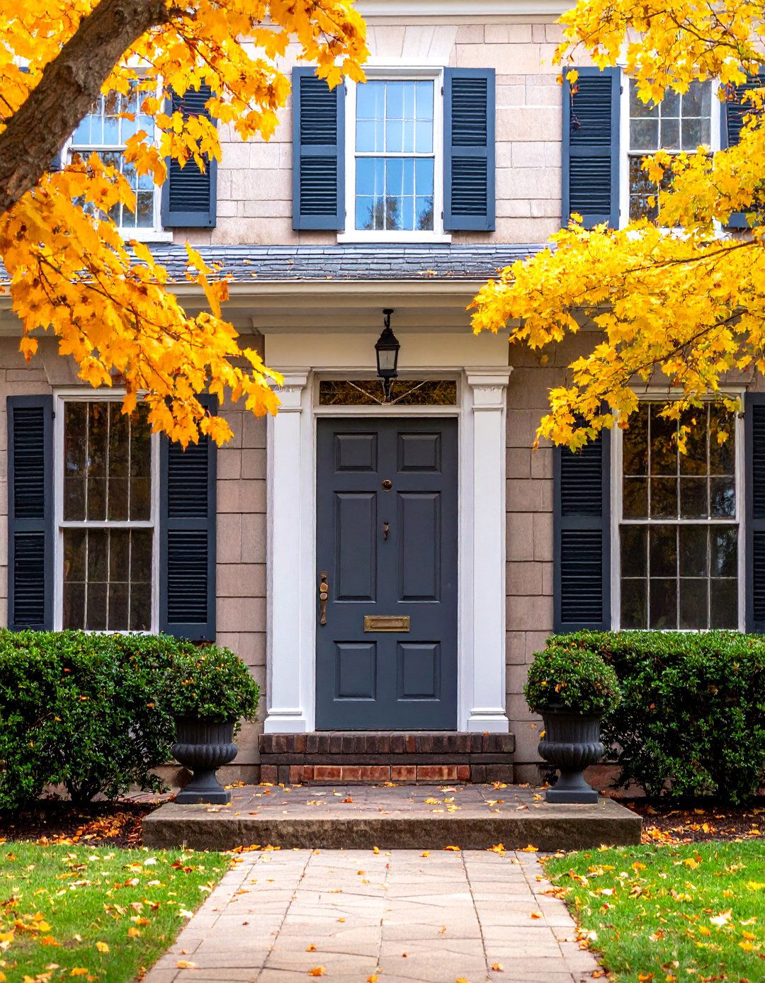 Grey Front Door with Matching Grey Shutters - 25 Grey Front Door Ideas for a Stylish Entrance
