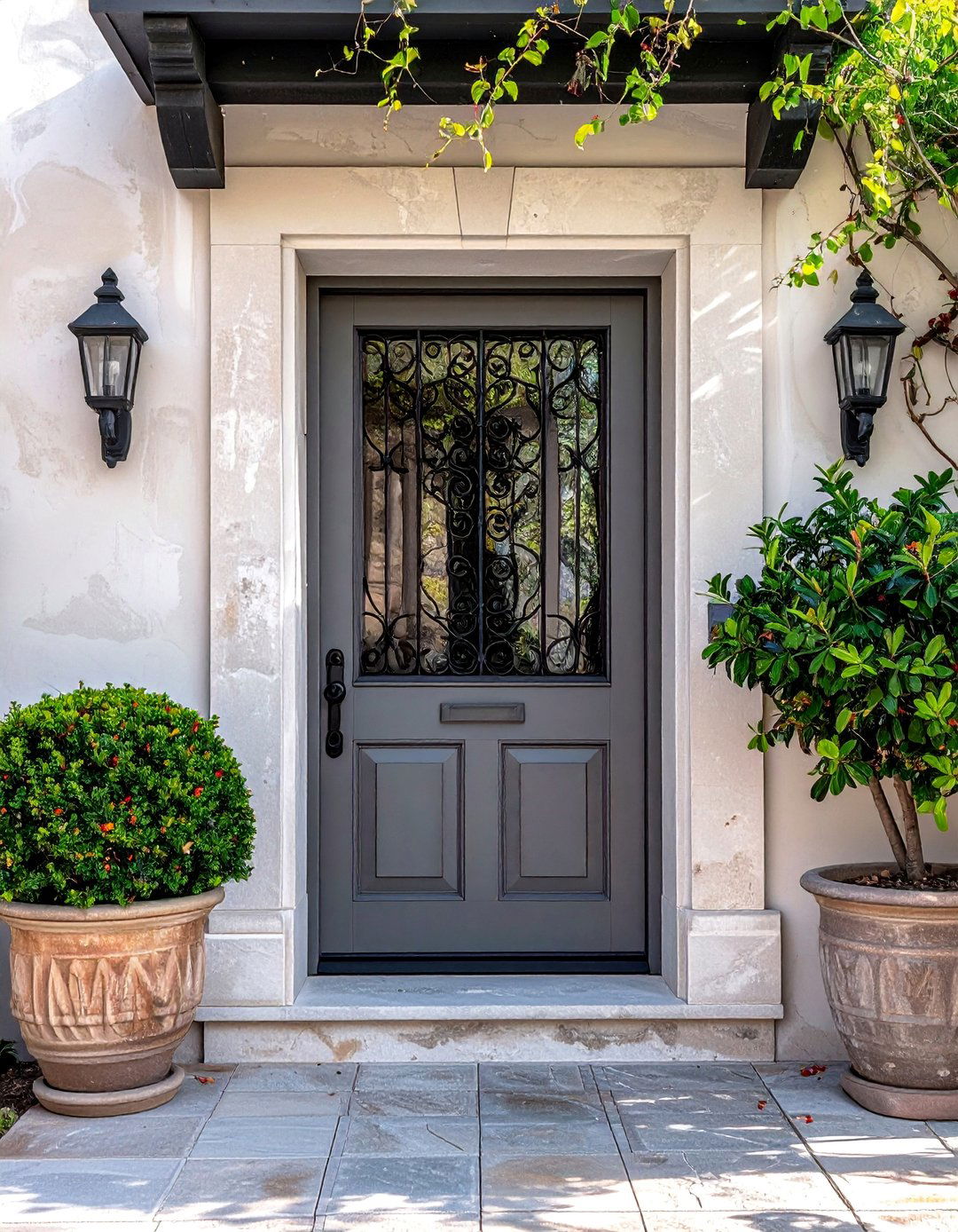 Grey Front Door with Ornate Iron Detailing