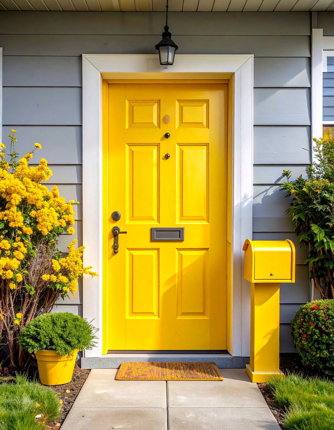 Grey Front Door with a Bold Yellow Accent - 25 Grey Front Door Ideas for a Stylish Entrance