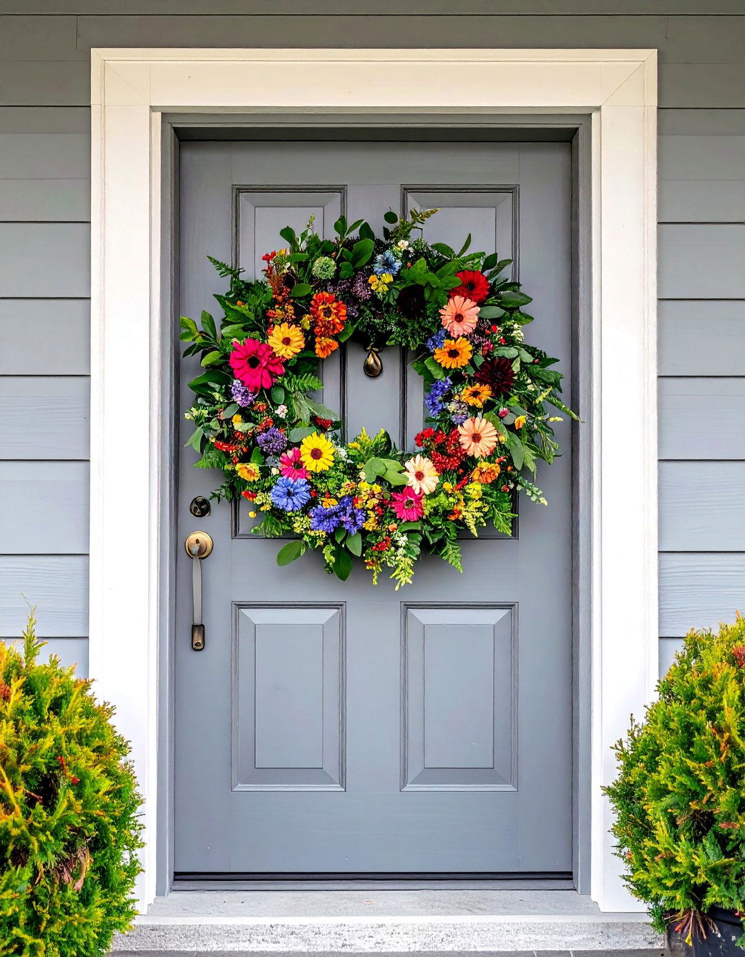 Grey Front Door with a Decorative Wreath - 25 Grey Front Door Ideas for a Stylish Entrance