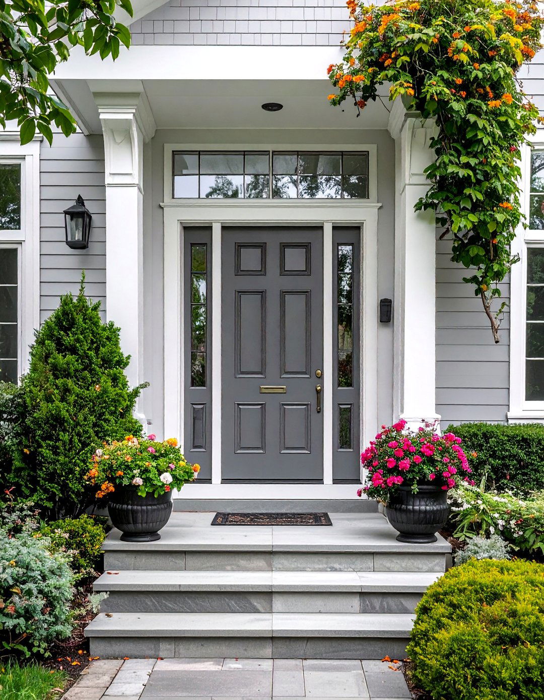 Grey Front Door with a Transom Window - 25 Grey Front Door Ideas for a Stylish Entrance