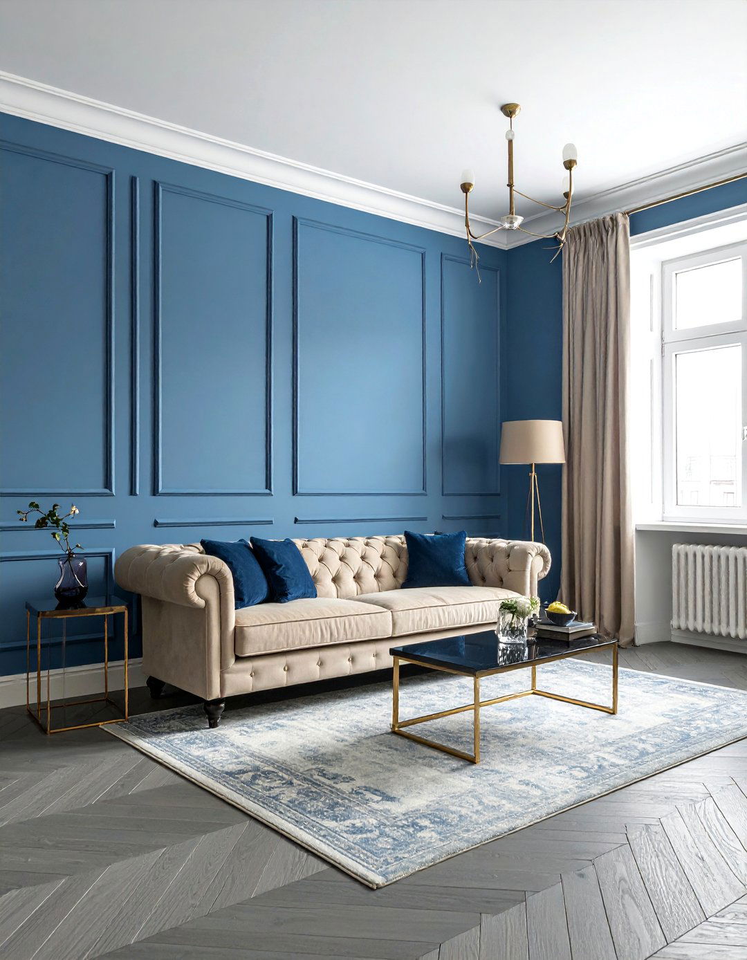 Grey Herringbone Wood Floors with Colonial Blue Walls - 20 Grey Floor Living Room With Blue Walls Ideas