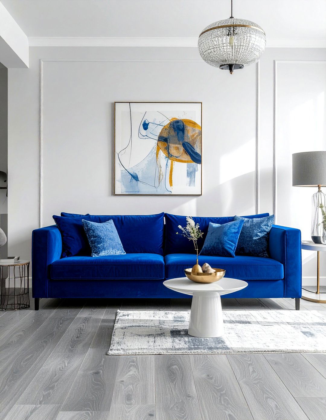 Grey Laminate Flooring with a Blue Sofa - 25 Grey Flooring Living Room Ideas for Modern Homes
