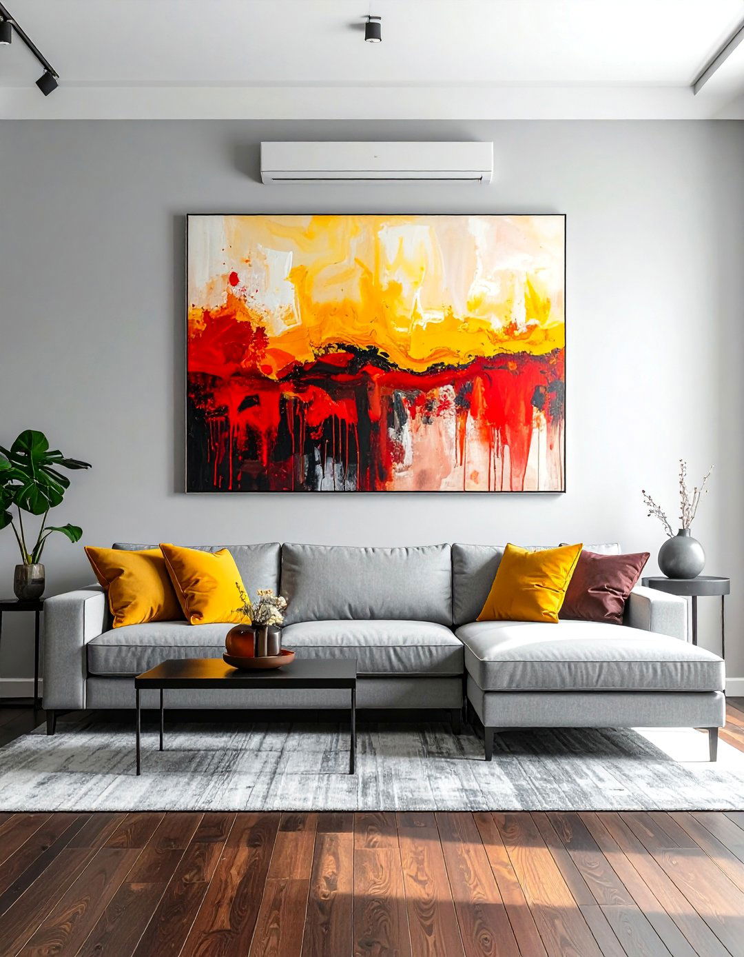 Grey Living Room With Bold Colorful Artwork - 20 Grey Living Room With Dark Wood Floors Ideas