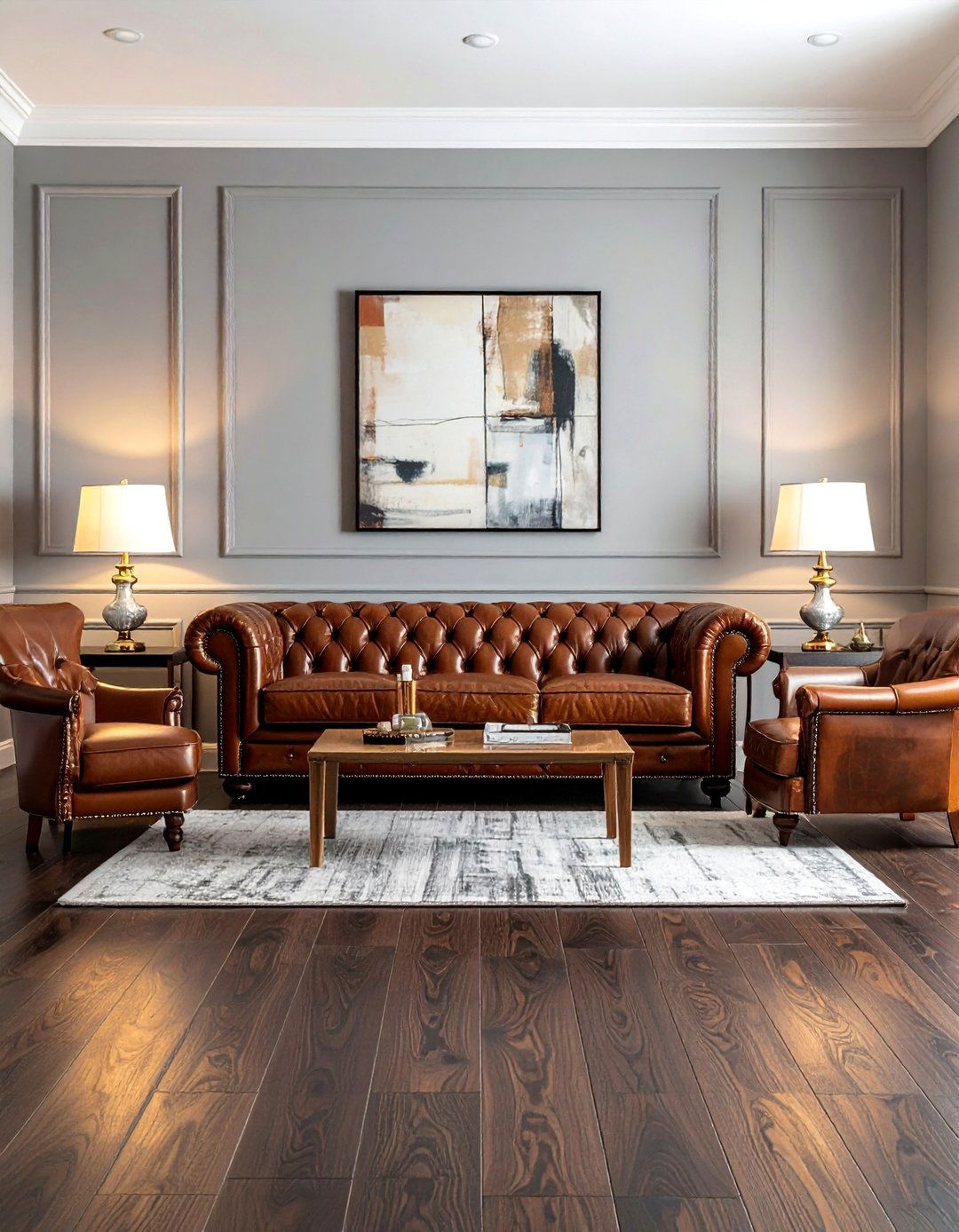 Grey Living Room With Rich Leather Furniture - 20 Grey Living Room With Dark Wood Floors Ideas