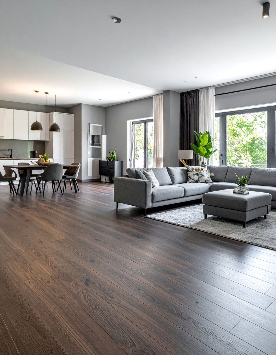 Grey Living Room with an Open Concept Layout - 20 Grey Living Room With Dark Wood Floors Ideas