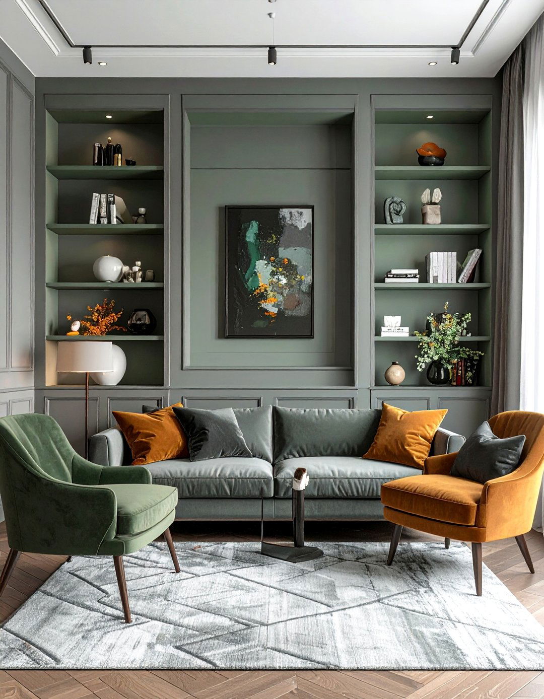 Grey Paneling with Integrated Sage Green Shelving - 20 Grey and Sage Green Living Room Ideas