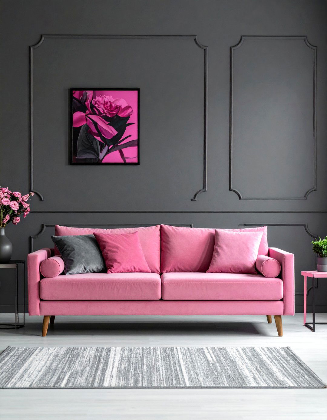 Grey Panelled Walls with Pink Furnishings - 25 Pink and Grey Living Room Ideas for a Modern Look