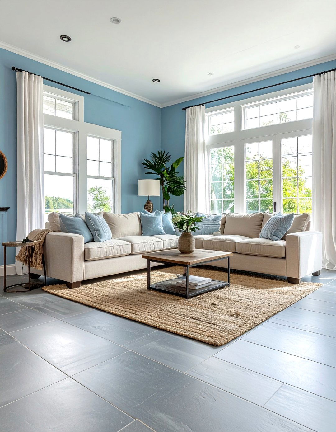 Grey Slate Tile Floors with Sky Blue Walls - 20 Grey Floor Living Room With Blue Walls Ideas