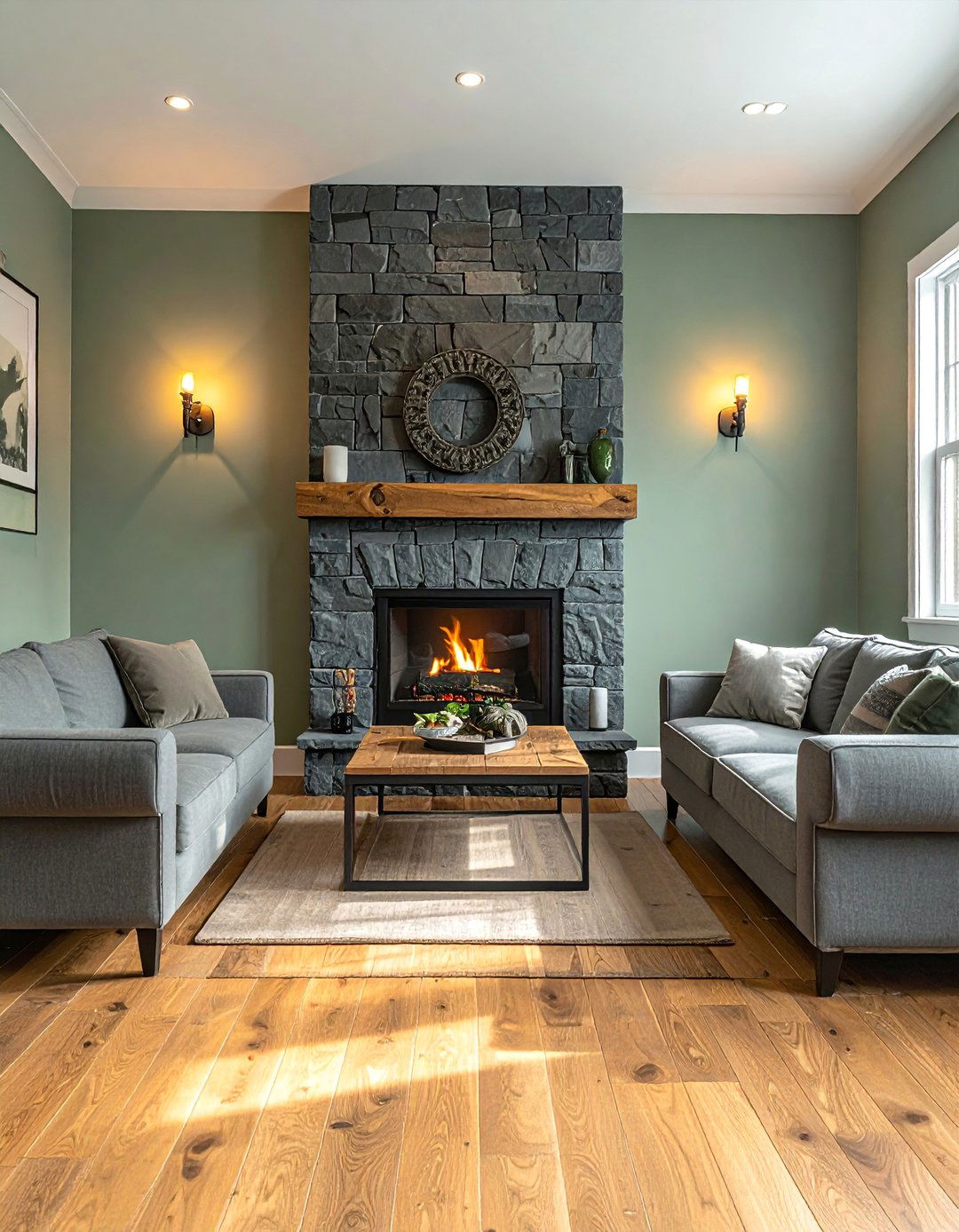 Grey Stone Fireplace with Sage Green Accents - 20 Grey and Sage Green Living Room Ideas
