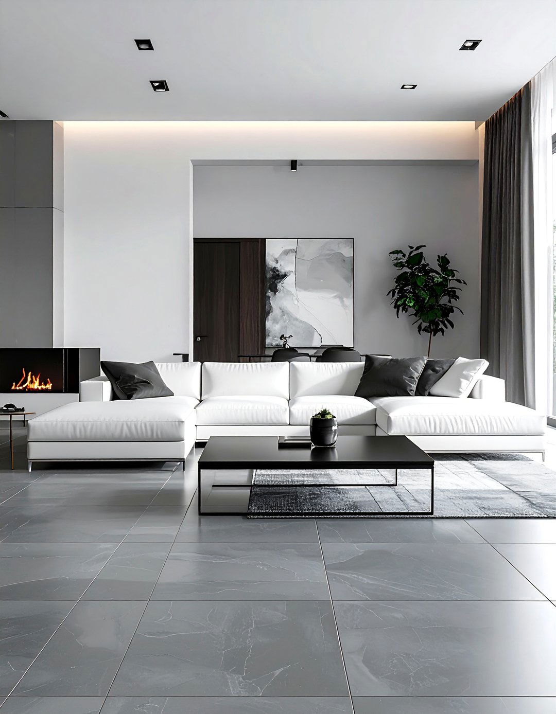 Grey Tile Flooring in a Minimalist Living Room - 25 Grey Flooring Living Room Ideas for Modern Homes