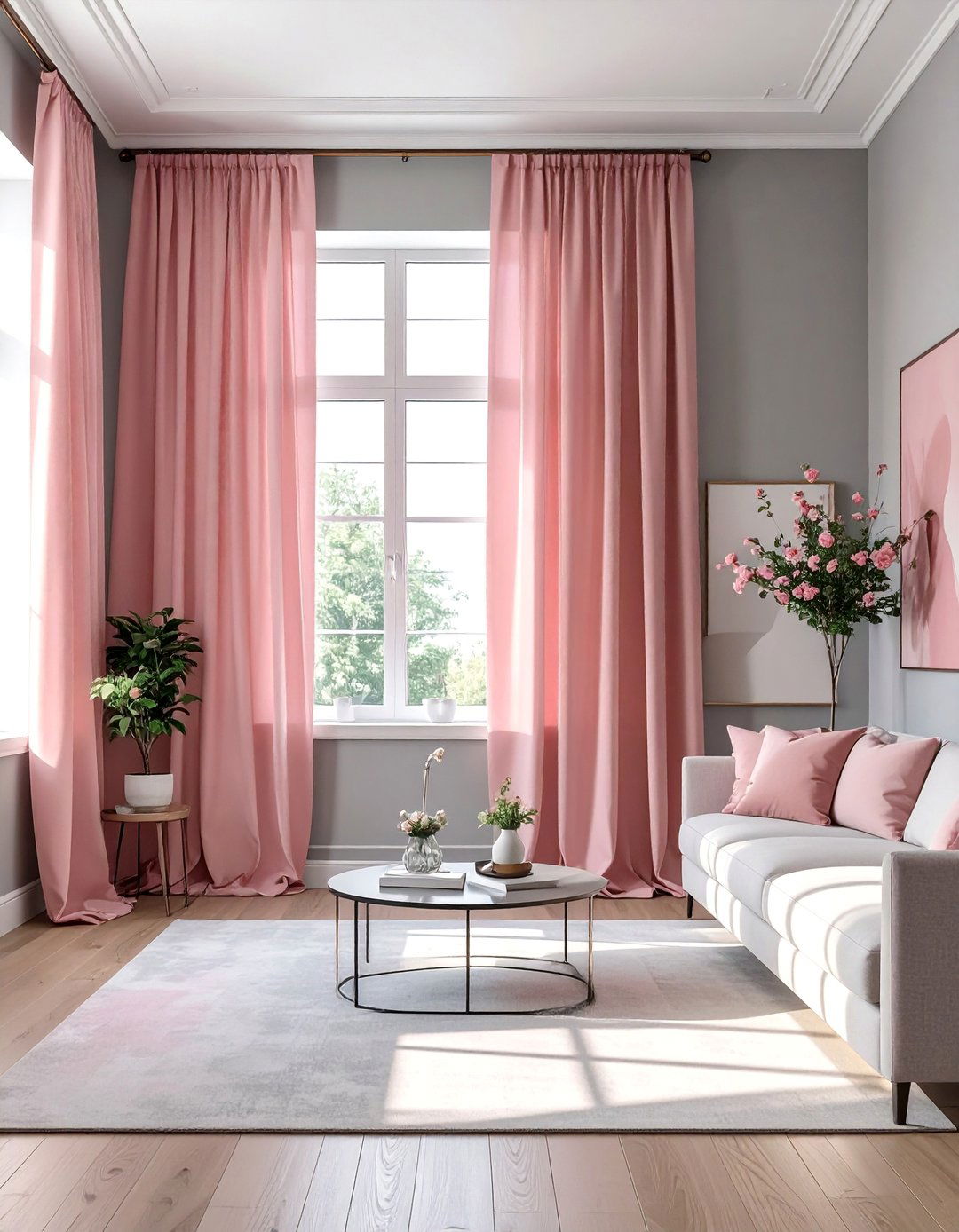 Grey Walls with Blush Pink Curtains - 25 Pink and Grey Living Room Ideas for a Modern Look