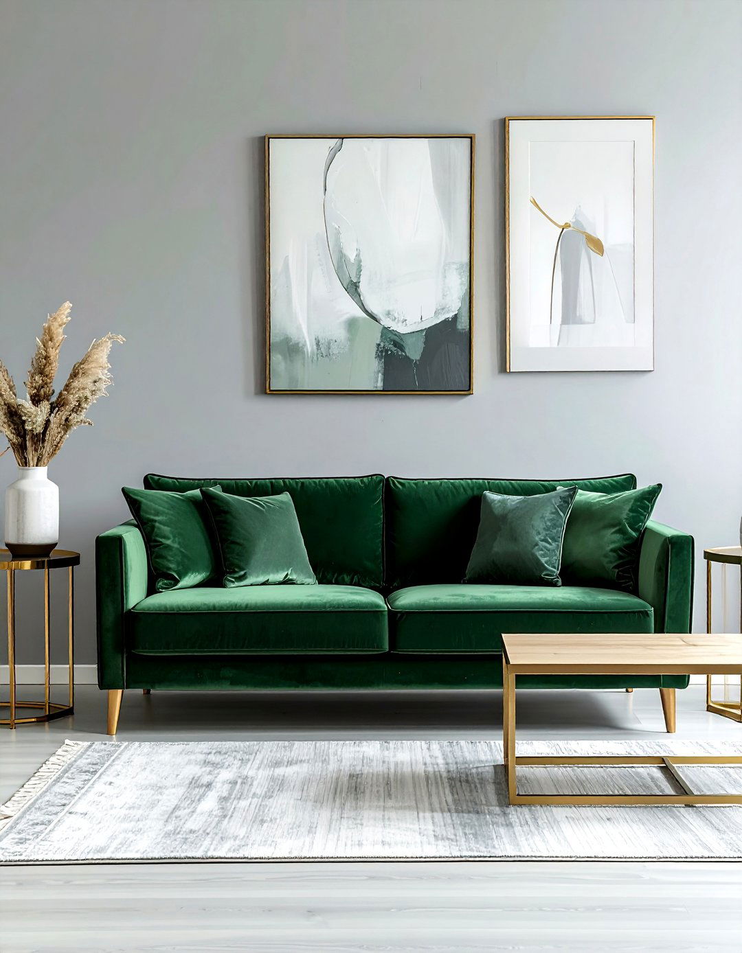Grey Walls with Sage Green Velvet Sofa - 20 Grey and Sage Green Living Room Ideas