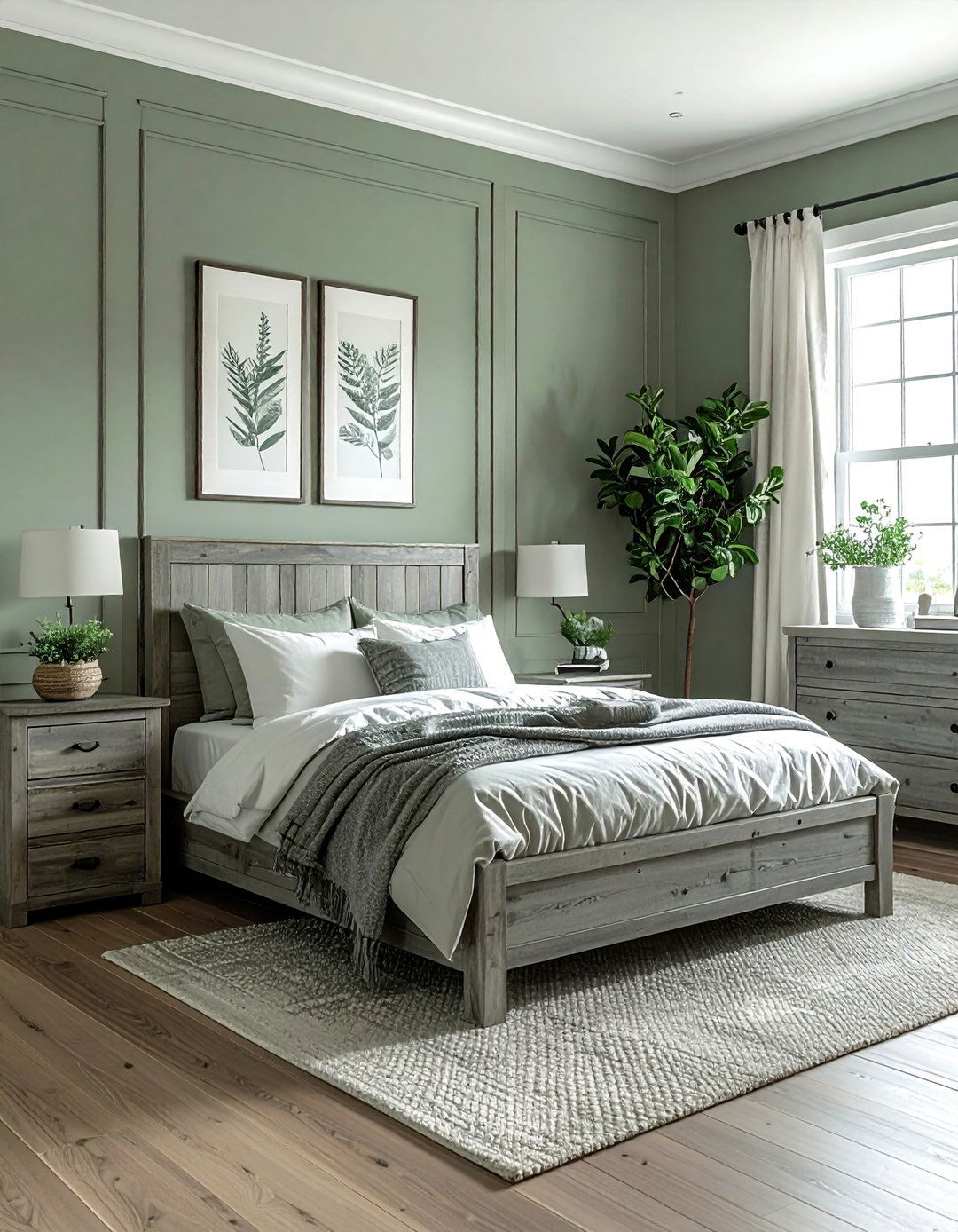 Grey Washed Wood Furniture with Sage Green Walls - 25 Sage Green and Grey Bedroom Ideas for a Relaxing Retreat