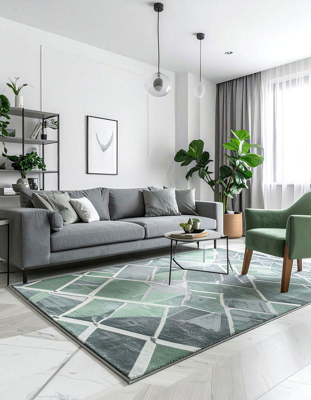 Grey and Sage Green Geometric Rug as a Centerpiece - 20 Grey and Sage Green Living Room Ideas