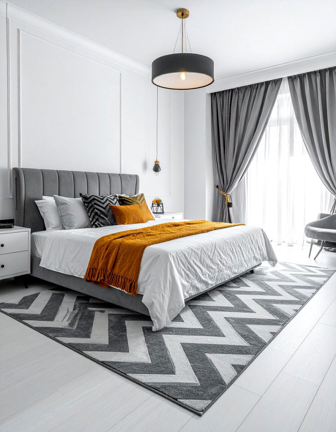 Grey and White Chevron Pattern - 40 Grey and White Bedroom Ideas for a Serene Retreat